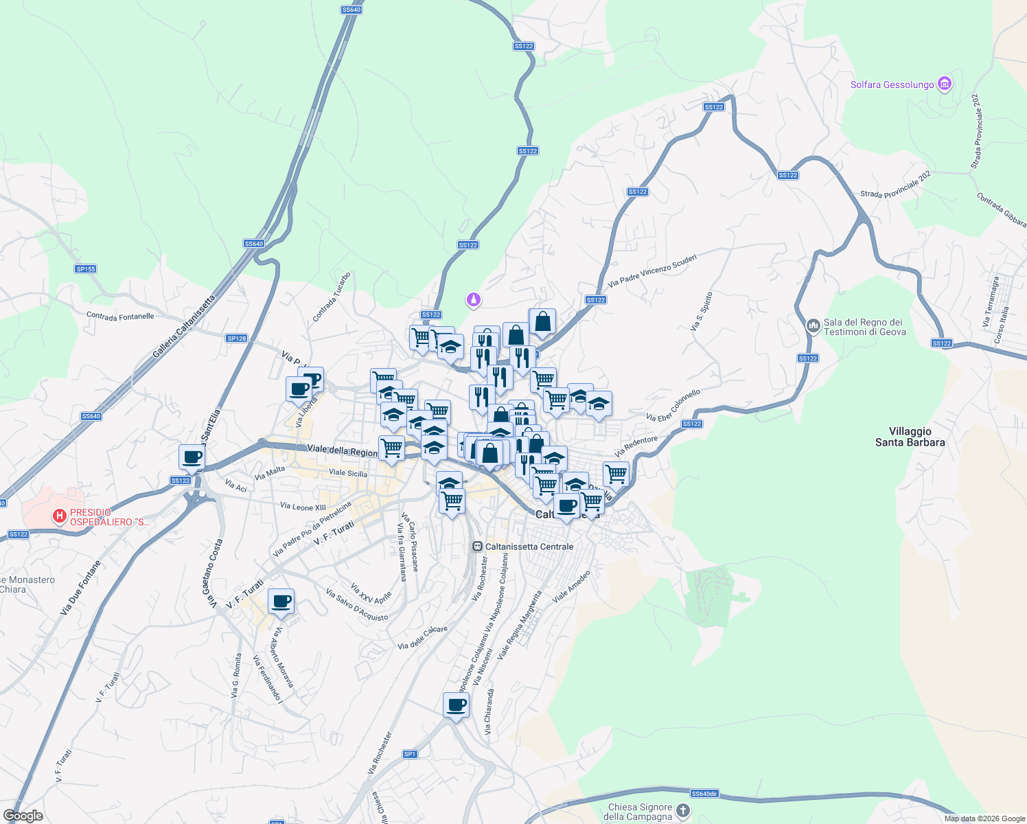 map of restaurants, bars, coffee shops, grocery stores, and more near 31 Via Messina in Caltanissetta