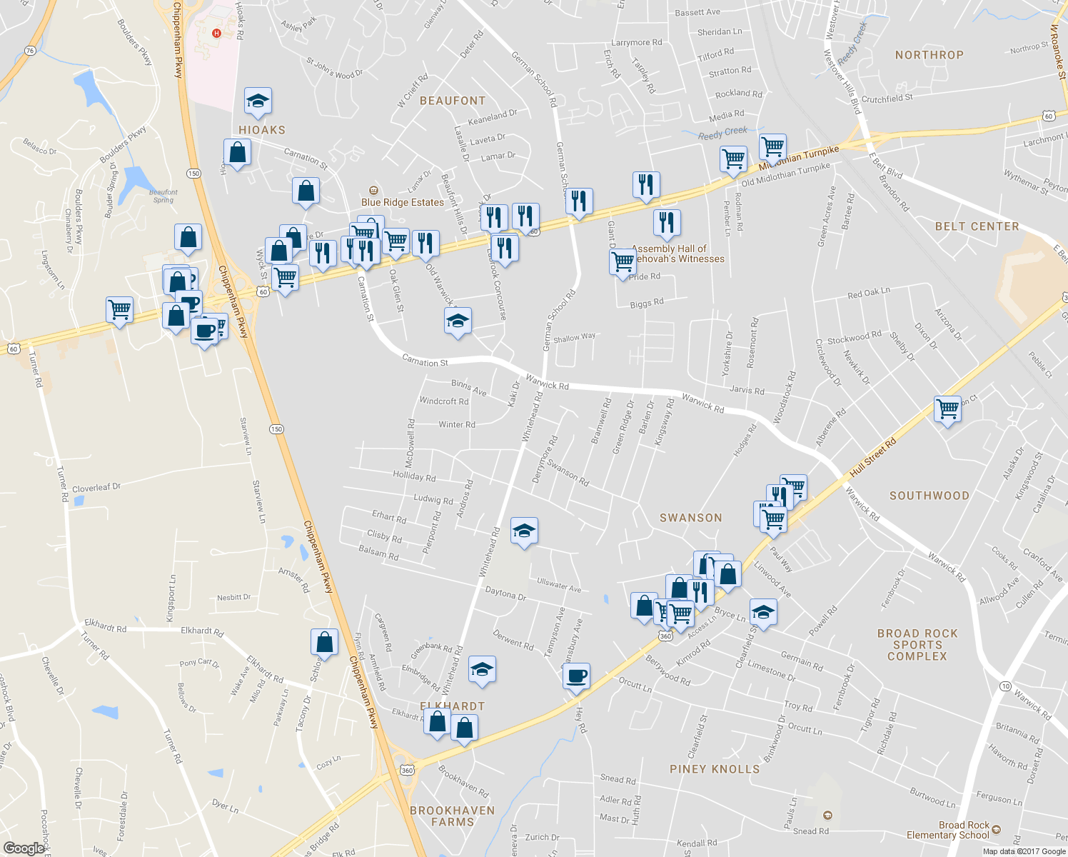 map of restaurants, bars, coffee shops, grocery stores, and more near 801 Whitehead Road in Richmond
