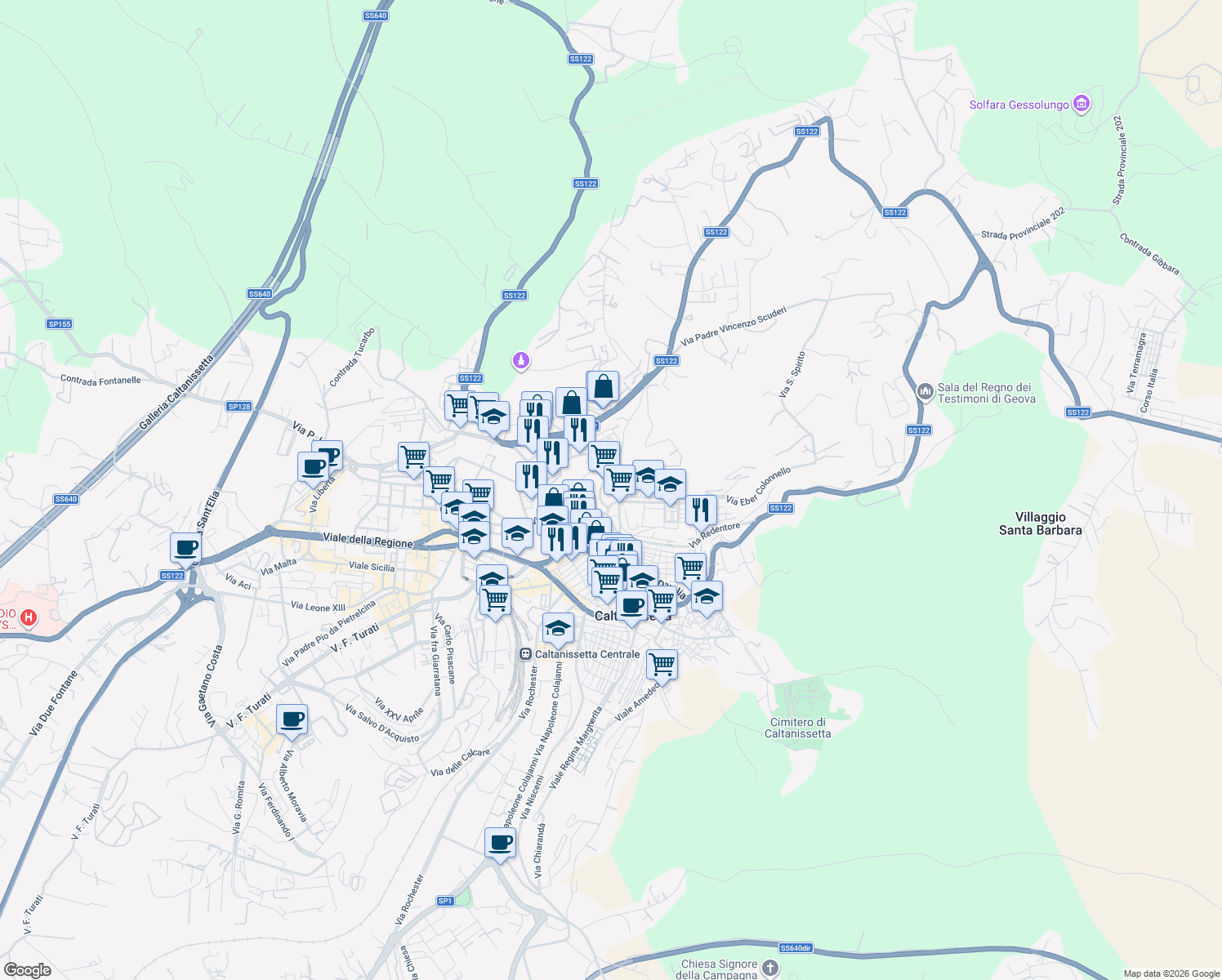 map of restaurants, bars, coffee shops, grocery stores, and more near 32 Via San Giovanni Bosco in Caltanissetta