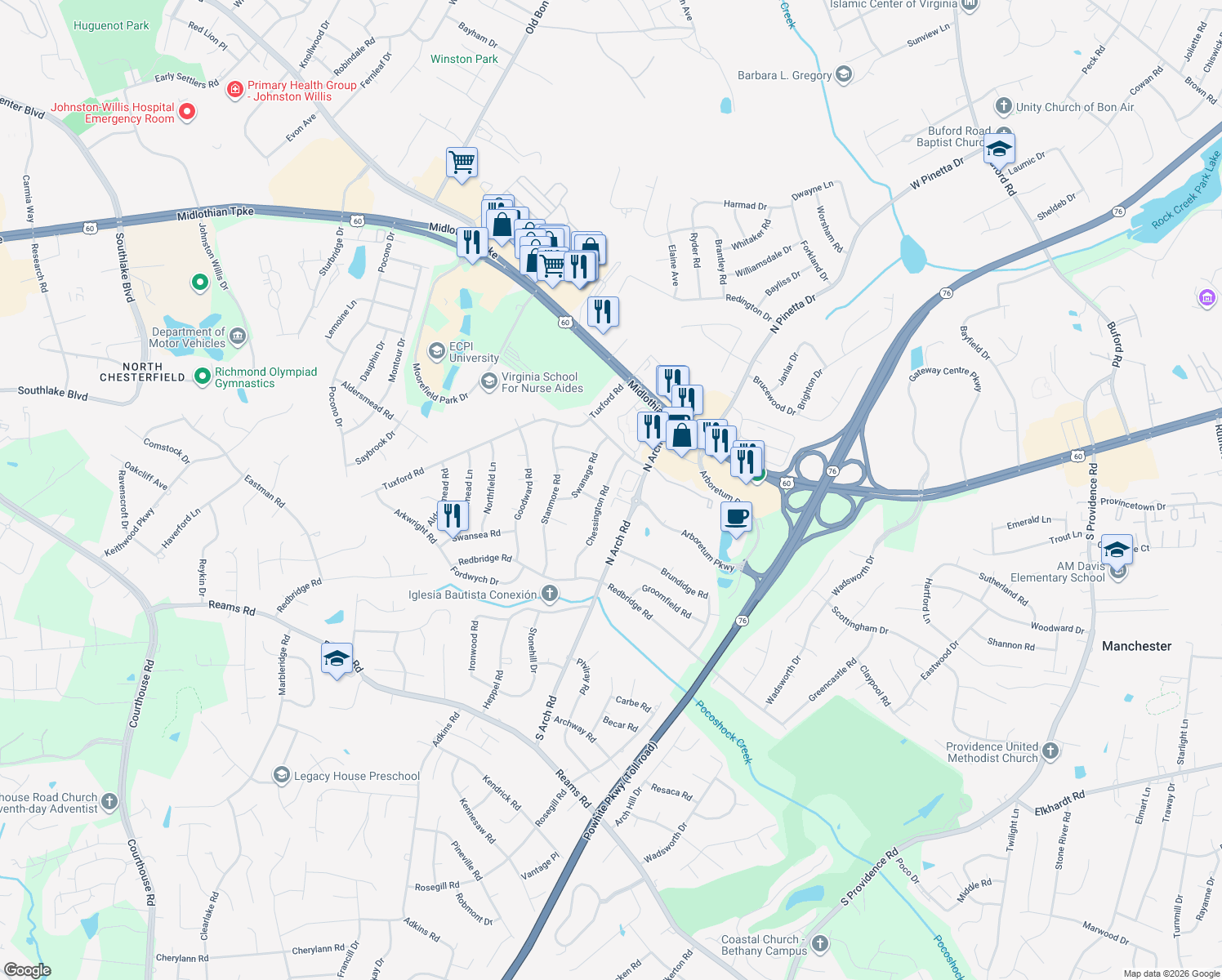 map of restaurants, bars, coffee shops, grocery stores, and more near 211 Chessington Road in Richmond