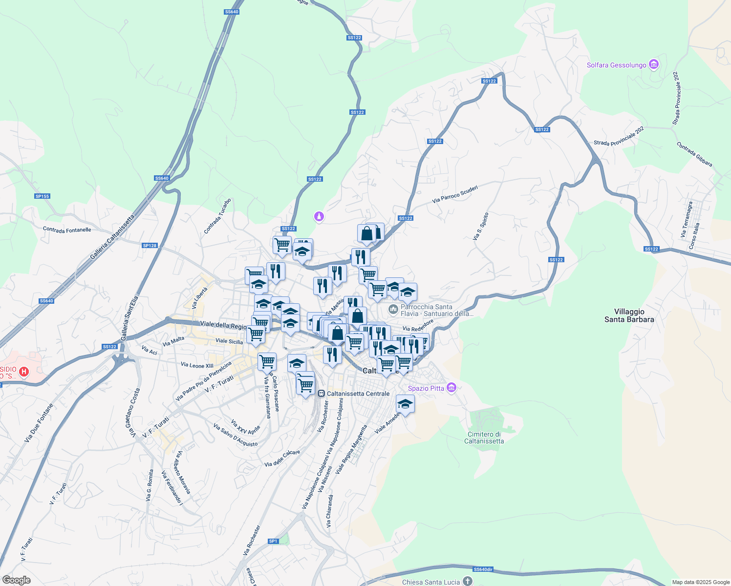 map of restaurants, bars, coffee shops, grocery stores, and more near 134 Via Redentore in Caltanissetta