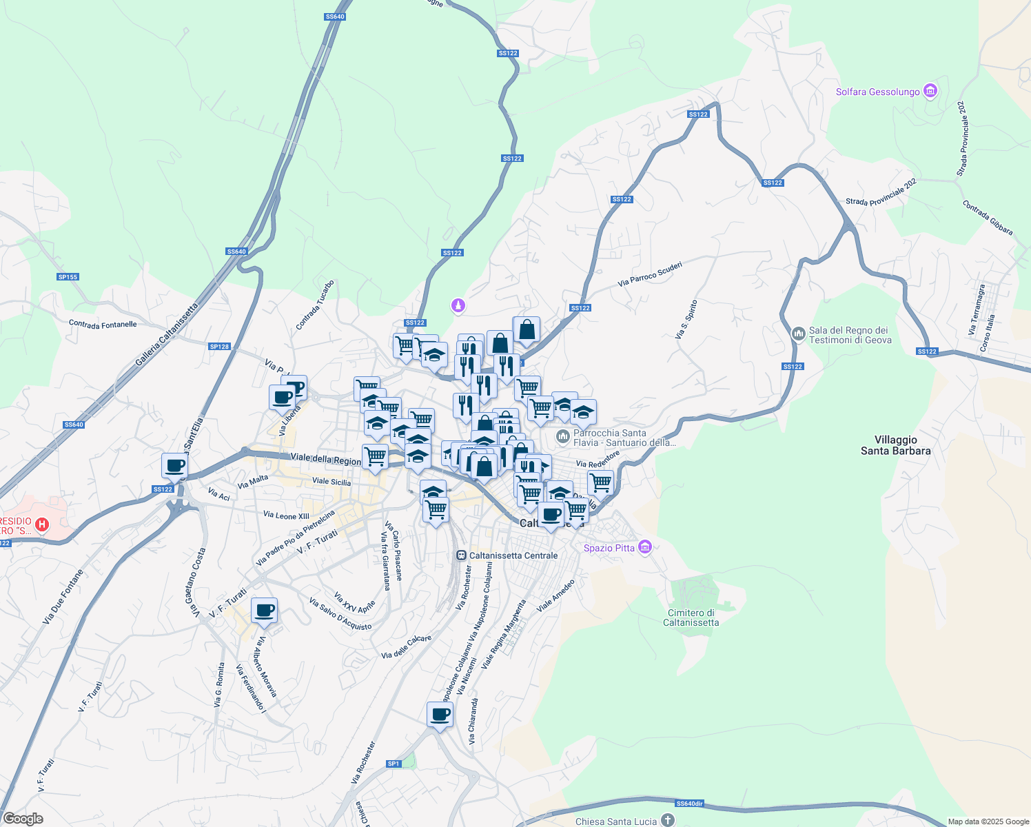map of restaurants, bars, coffee shops, grocery stores, and more near 134 Via Redentore in Caltanissetta
