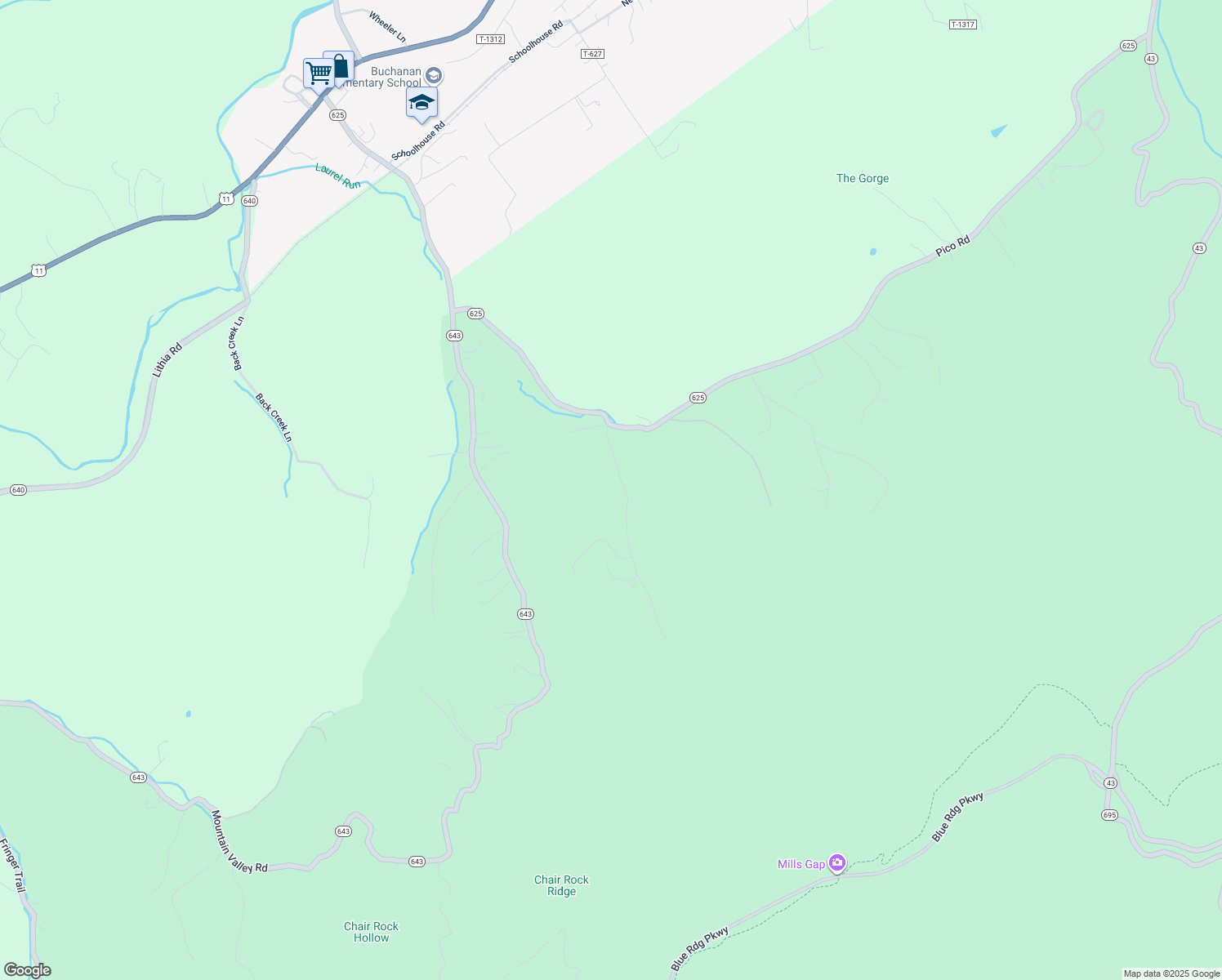 map of restaurants, bars, coffee shops, grocery stores, and more near 192 Pulaski Mine Road in Buchanan