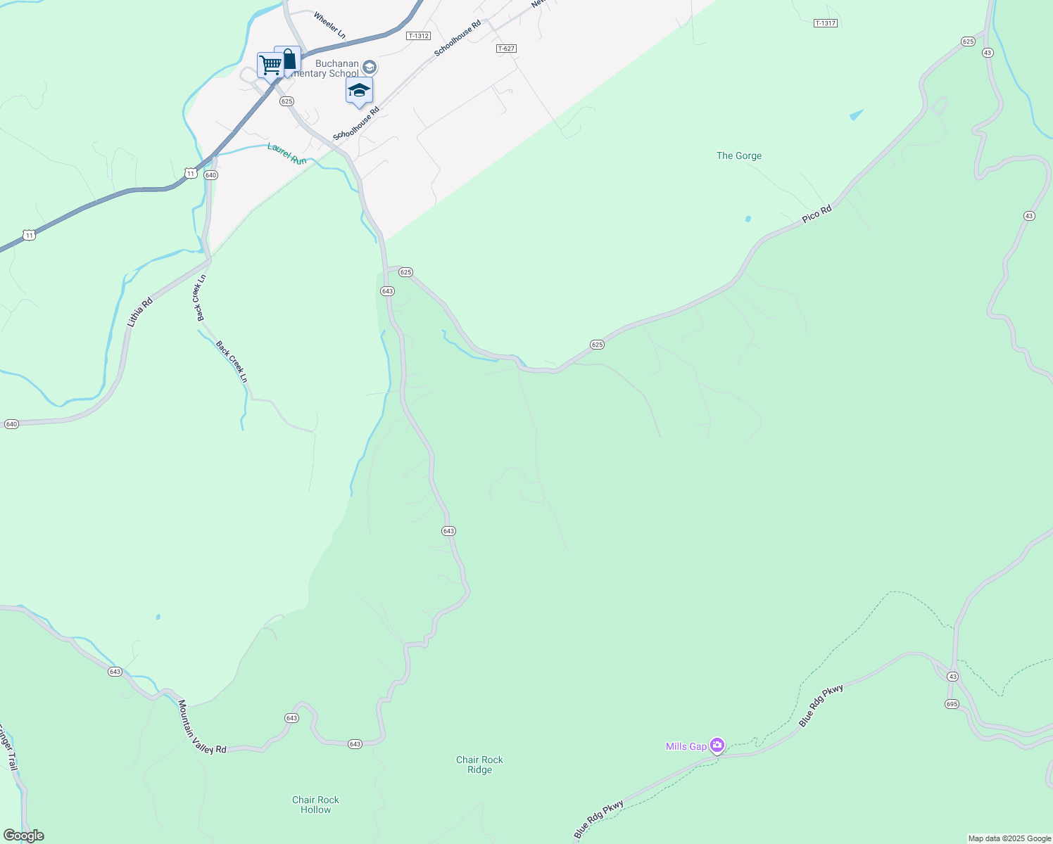 map of restaurants, bars, coffee shops, grocery stores, and more near 192 Pulaski Mine Road in Buchanan