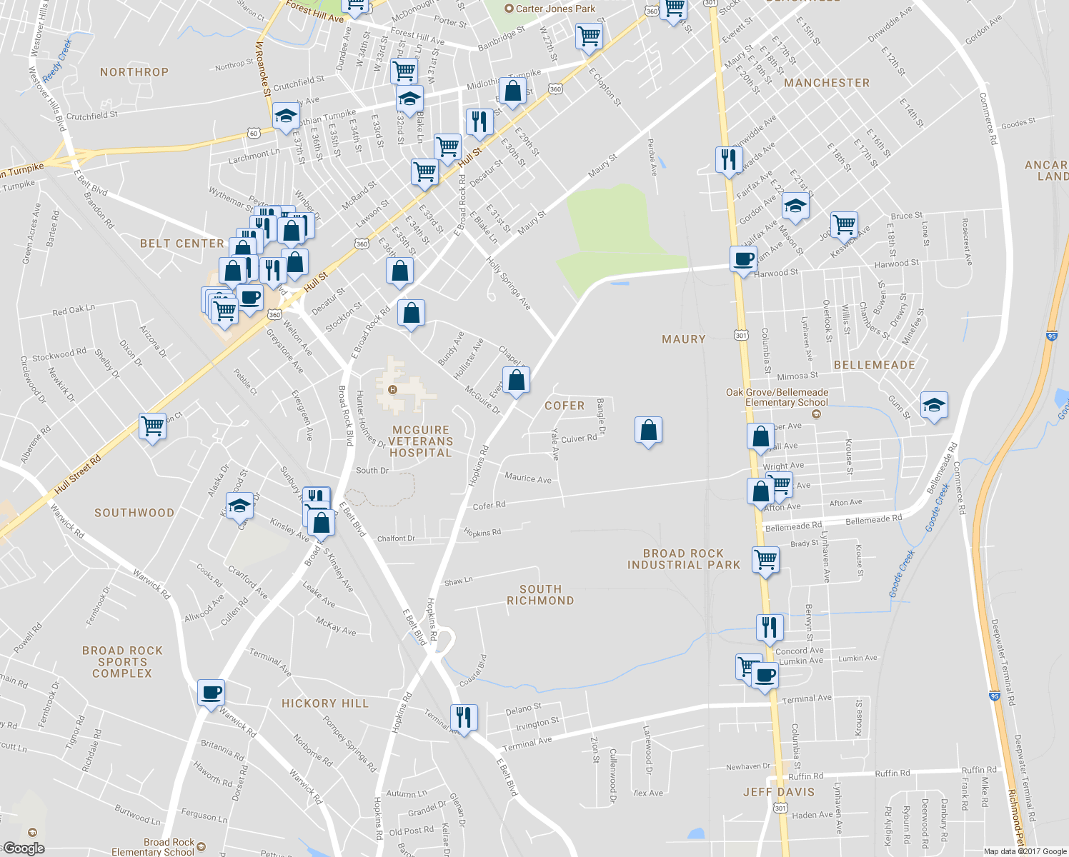 map of restaurants, bars, coffee shops, grocery stores, and more near 3118 Lost Lane in Richmond