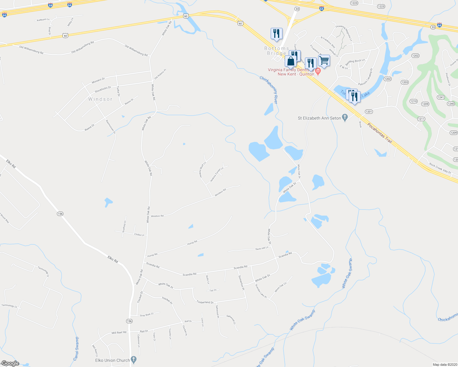 map of restaurants, bars, coffee shops, grocery stores, and more near 5230 Windsor Road in Sandston