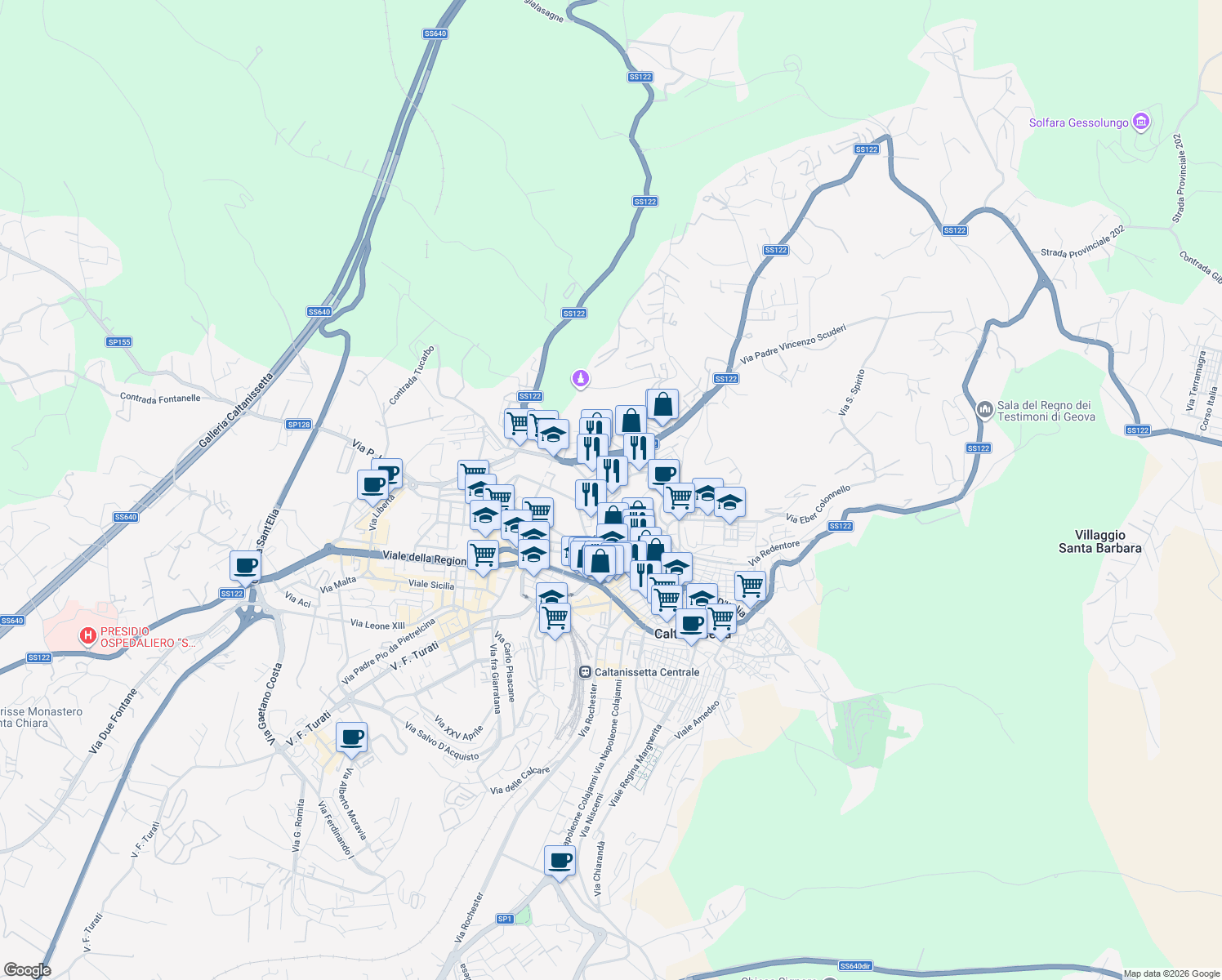 map of restaurants, bars, coffee shops, grocery stores, and more near 31 Via Messina in Caltanissetta