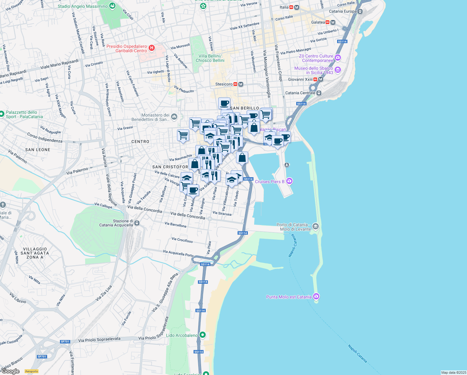 map of restaurants, bars, coffee shops, grocery stores, and more near 103 Via Murifabbro in Catania