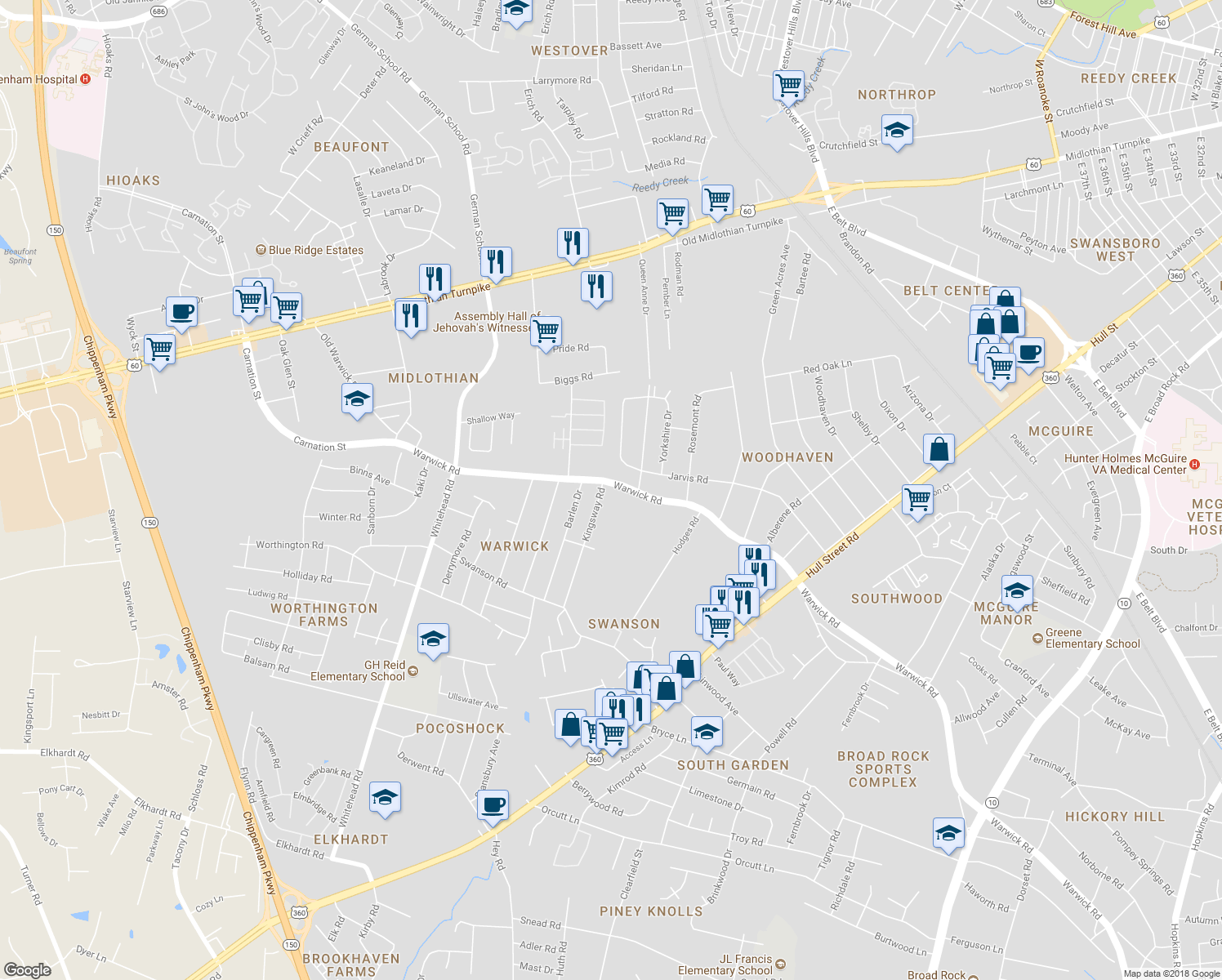 map of restaurants, bars, coffee shops, grocery stores, and more near 5635 Warwick Road in Richmond
