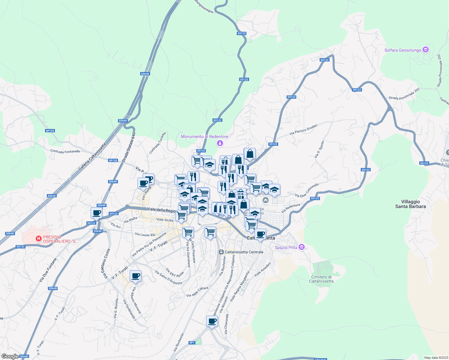 map of restaurants, bars, coffee shops, grocery stores, and more near 127 Via Borremans in Caltanissetta