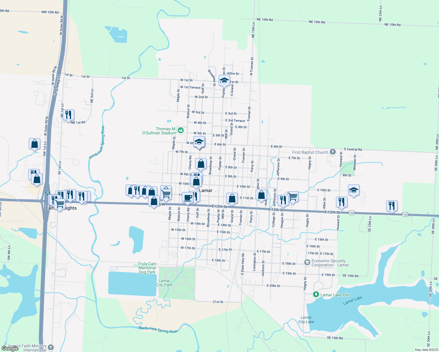 map of restaurants, bars, coffee shops, grocery stores, and more near 198 E 9th St in Lamar