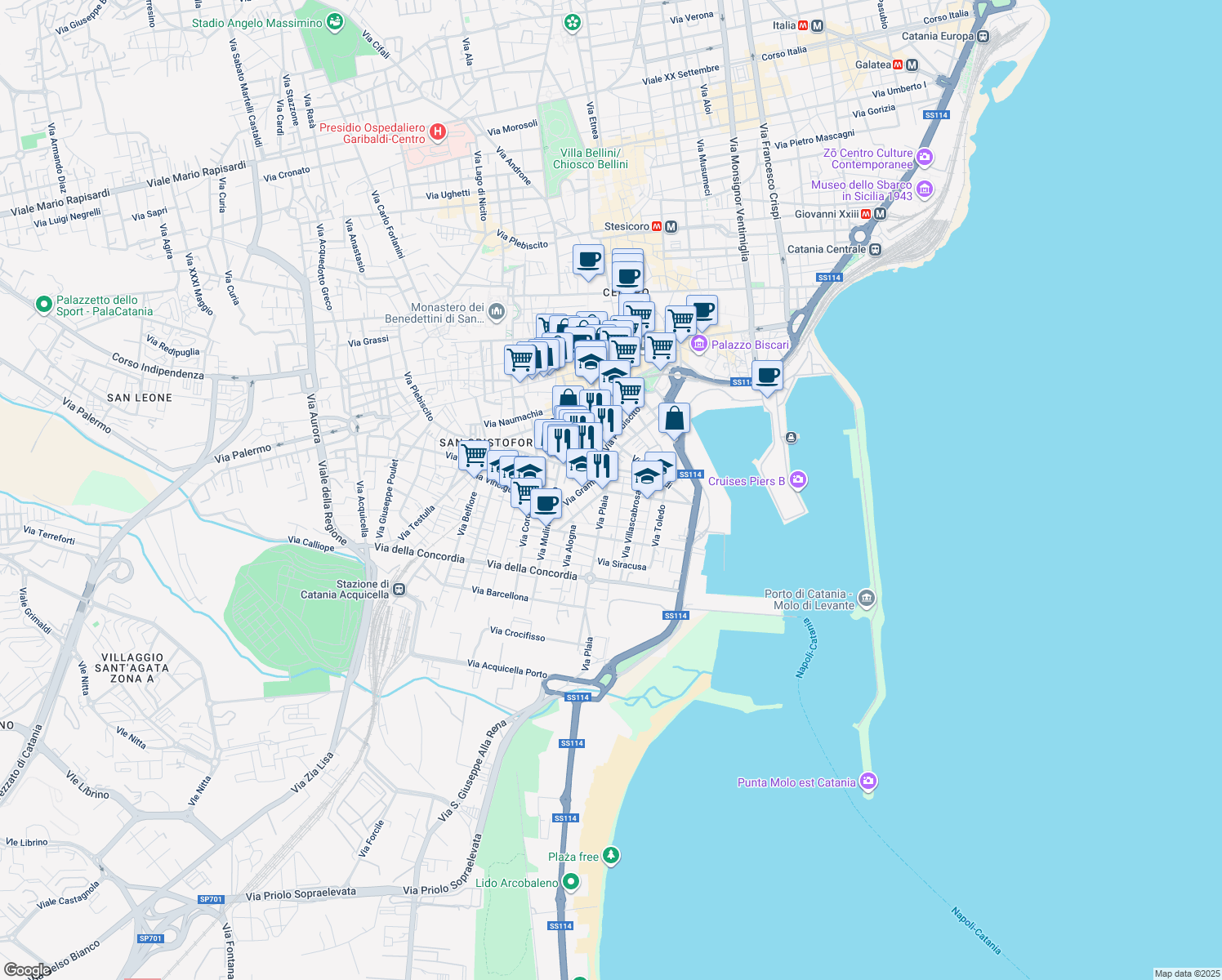 map of restaurants, bars, coffee shops, grocery stores, and more near 69 Via San Angelo Custode in Catania