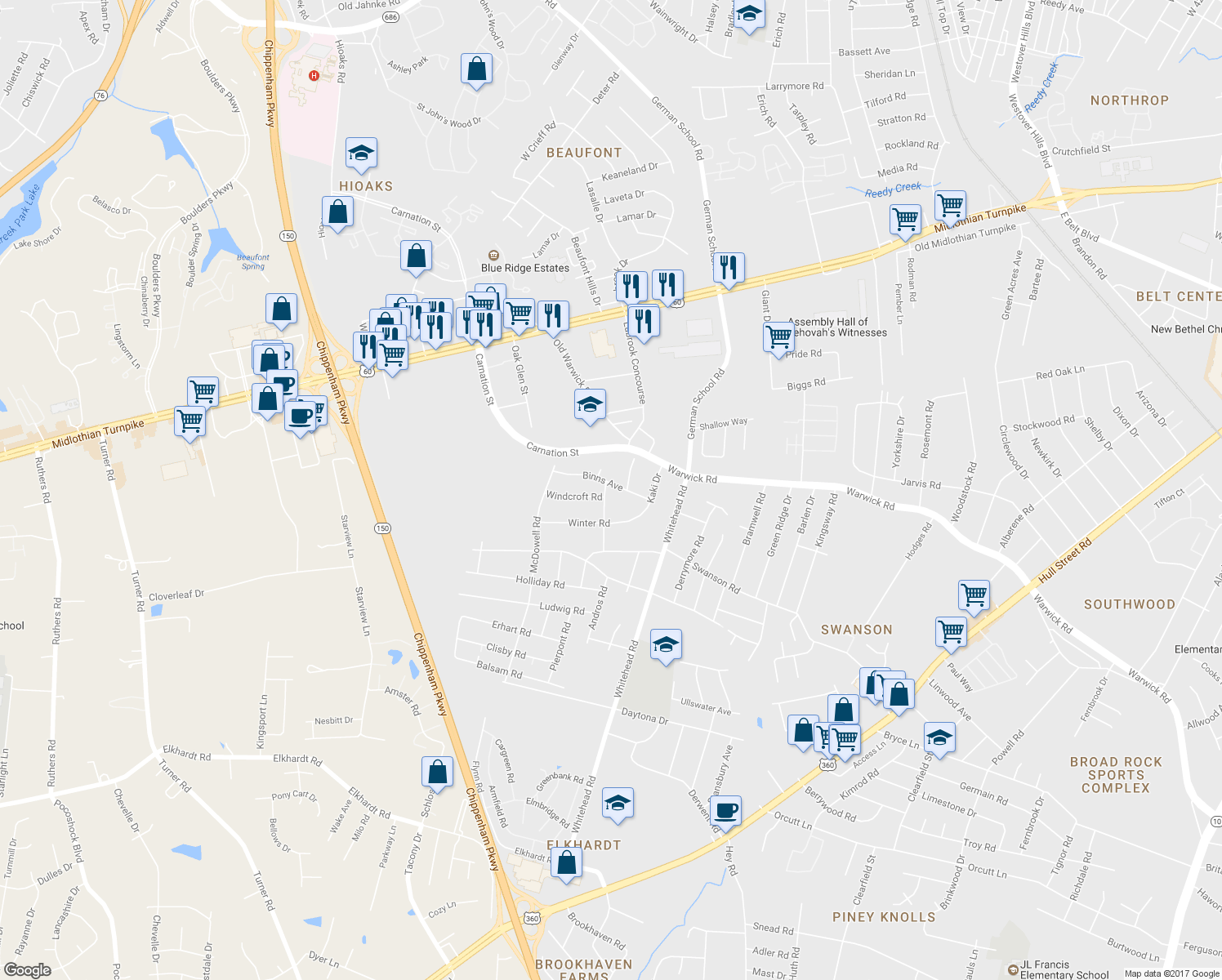 map of restaurants, bars, coffee shops, grocery stores, and more near 6217 Binns Avenue in Richmond
