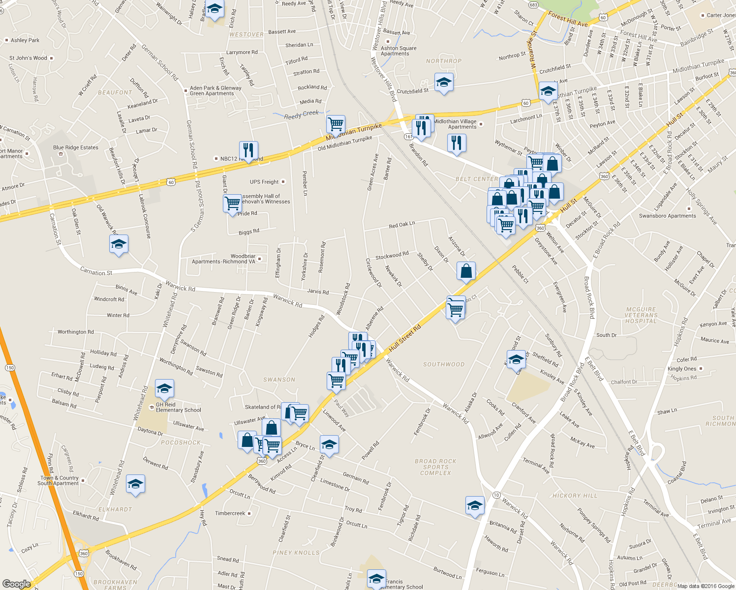 map of restaurants, bars, coffee shops, grocery stores, and more near 5125 Weatherford Road in Richmond
