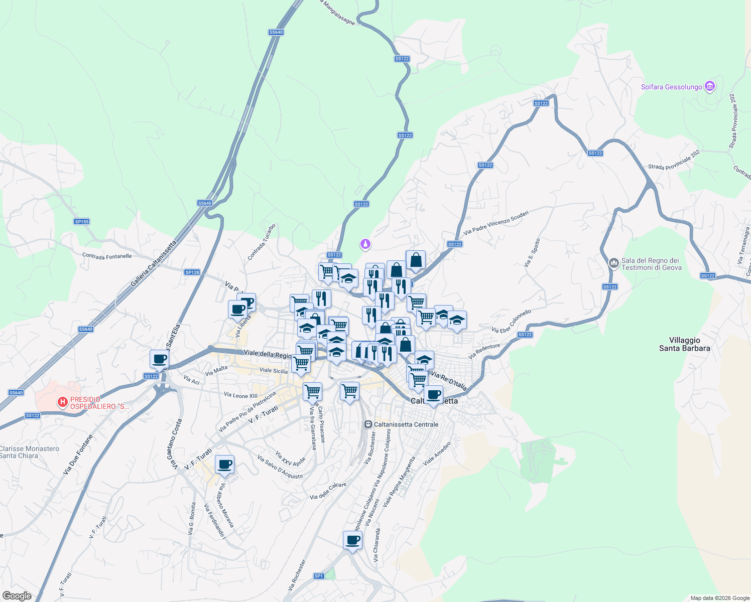 map of restaurants, bars, coffee shops, grocery stores, and more near 127 Via Borremans Guglielmo in Caltanissetta
