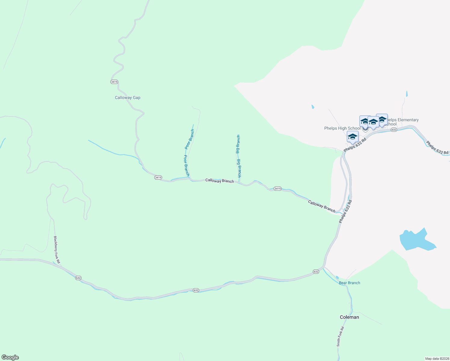 map of restaurants, bars, coffee shops, grocery stores, and more near 1323 Calloway Branch in Phelps