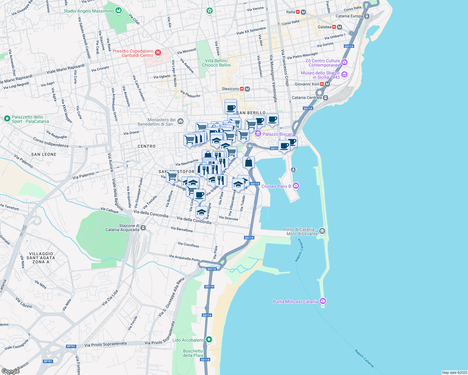 map of restaurants, bars, coffee shops, grocery stores, and more near 47 Via Murifabbro in Catania