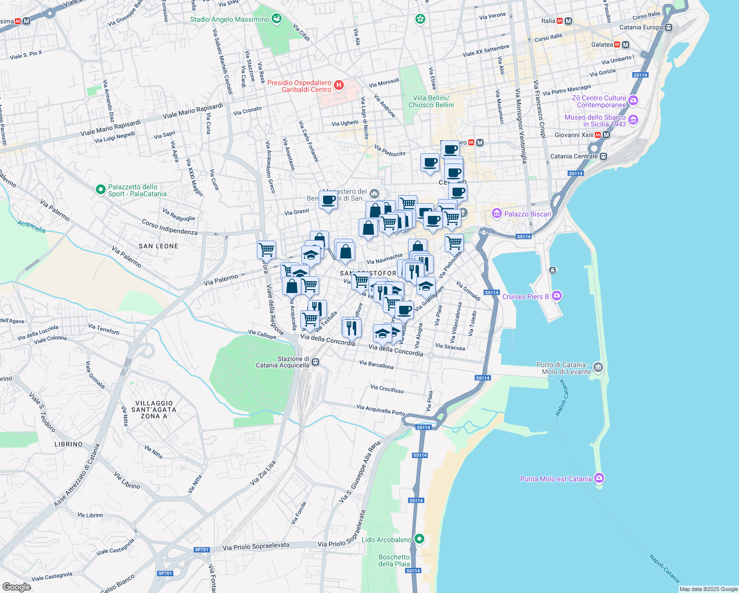 map of restaurants, bars, coffee shops, grocery stores, and more near 53 Via Vinciguerra in Catania