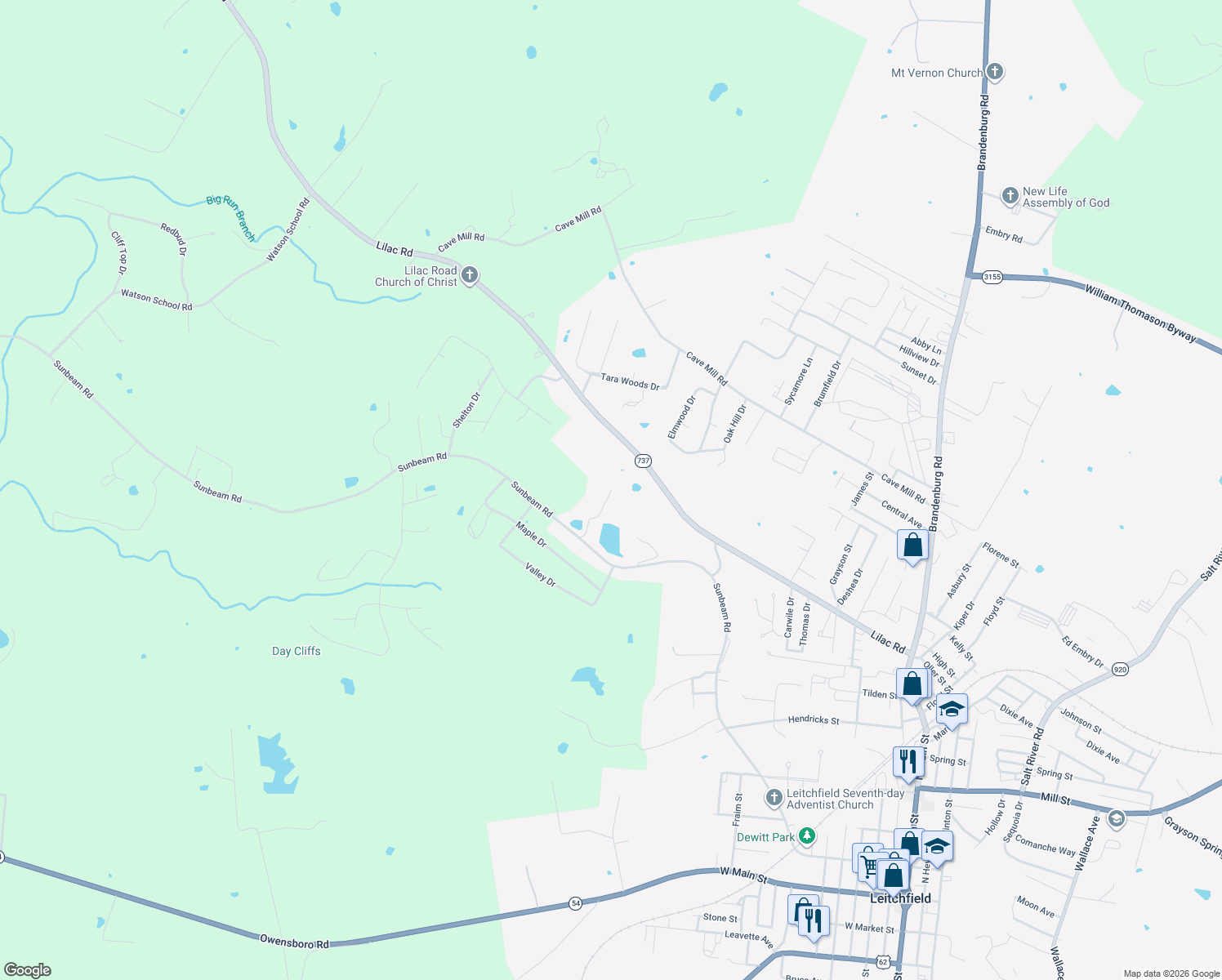 map of restaurants, bars, coffee shops, grocery stores, and more near 199 Twin Oaks Drive in Leitchfield