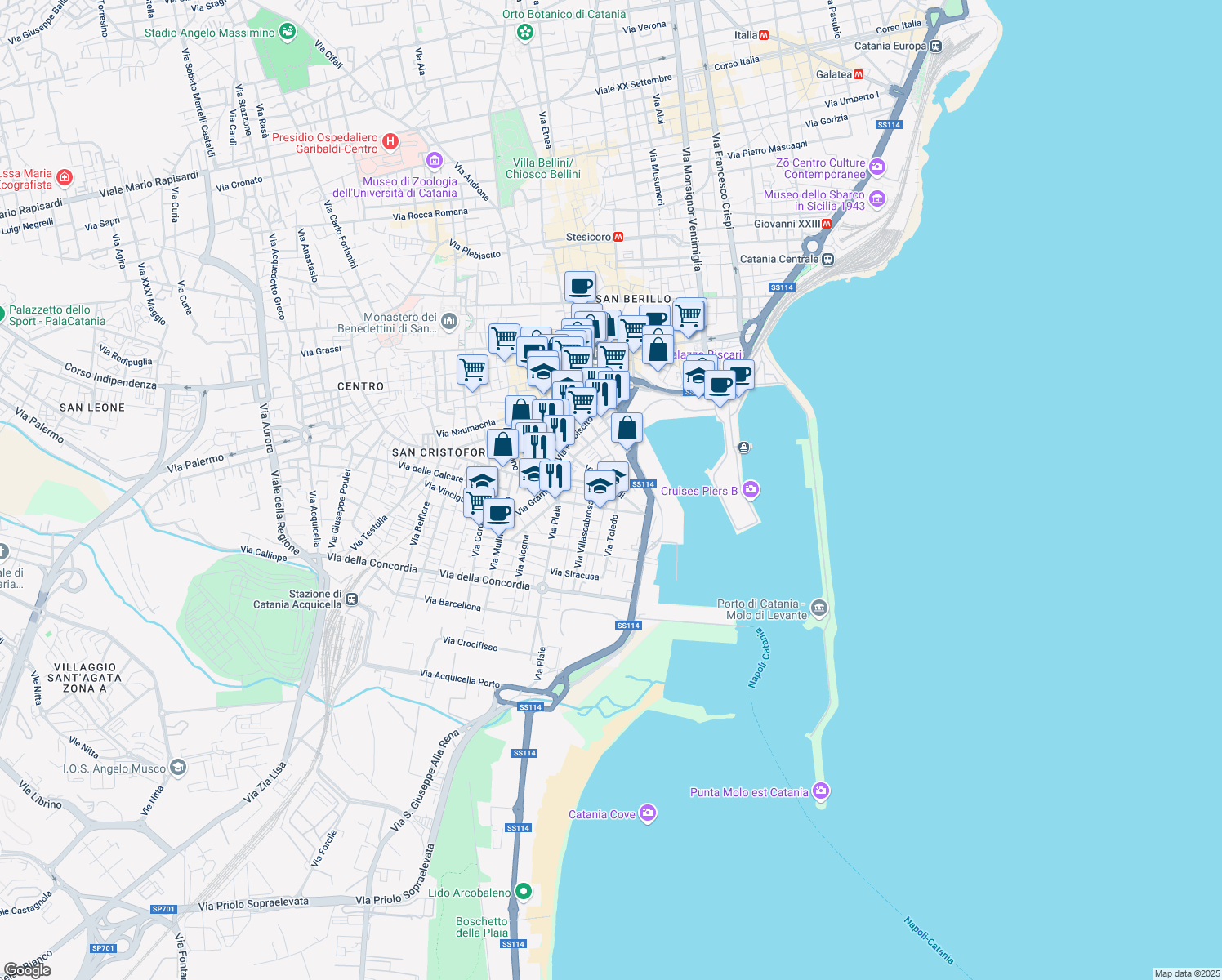 map of restaurants, bars, coffee shops, grocery stores, and more near 81-103 Via Murifabbro in Catania