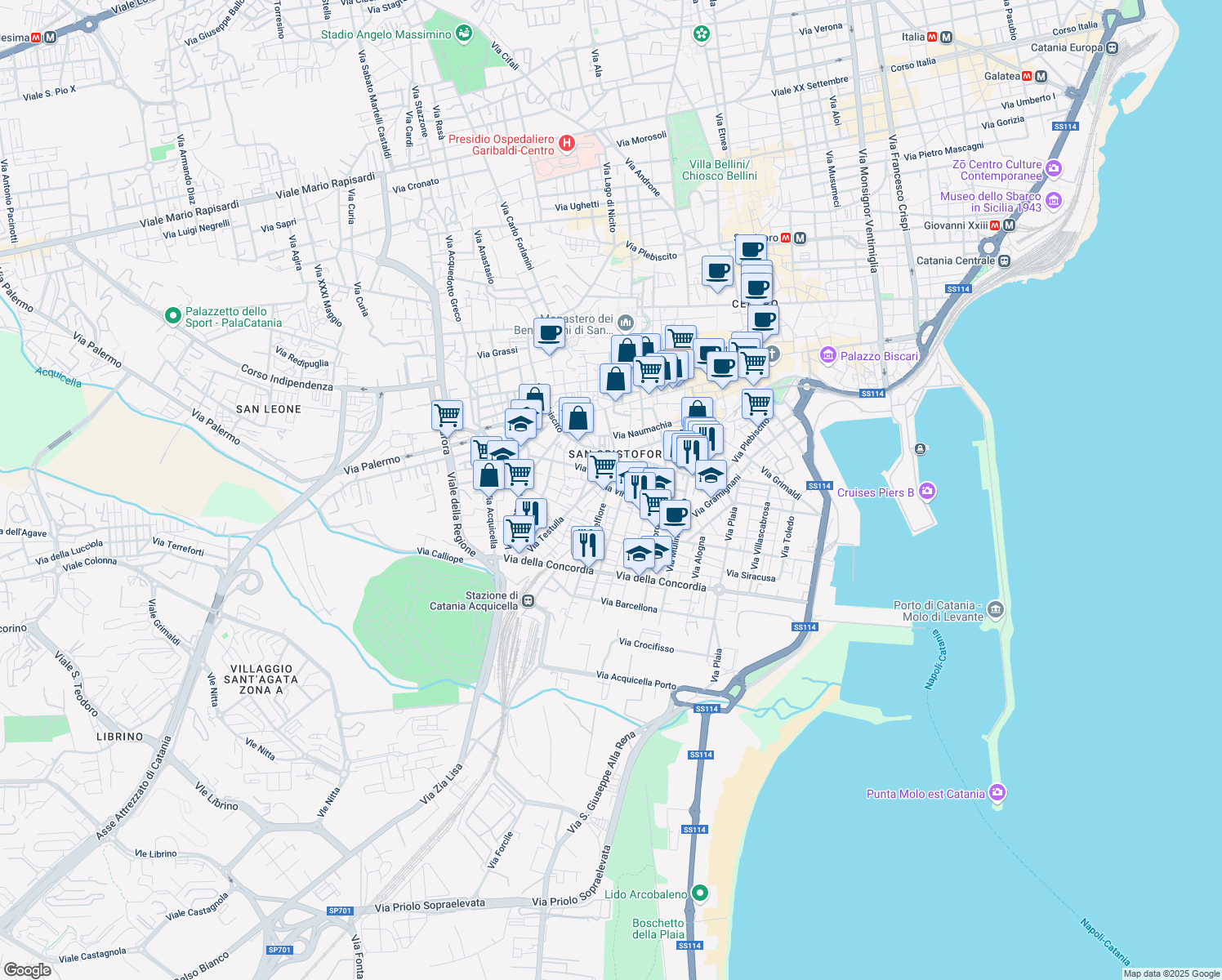 map of restaurants, bars, coffee shops, grocery stores, and more near 53 Via Vinciguerra in Catania