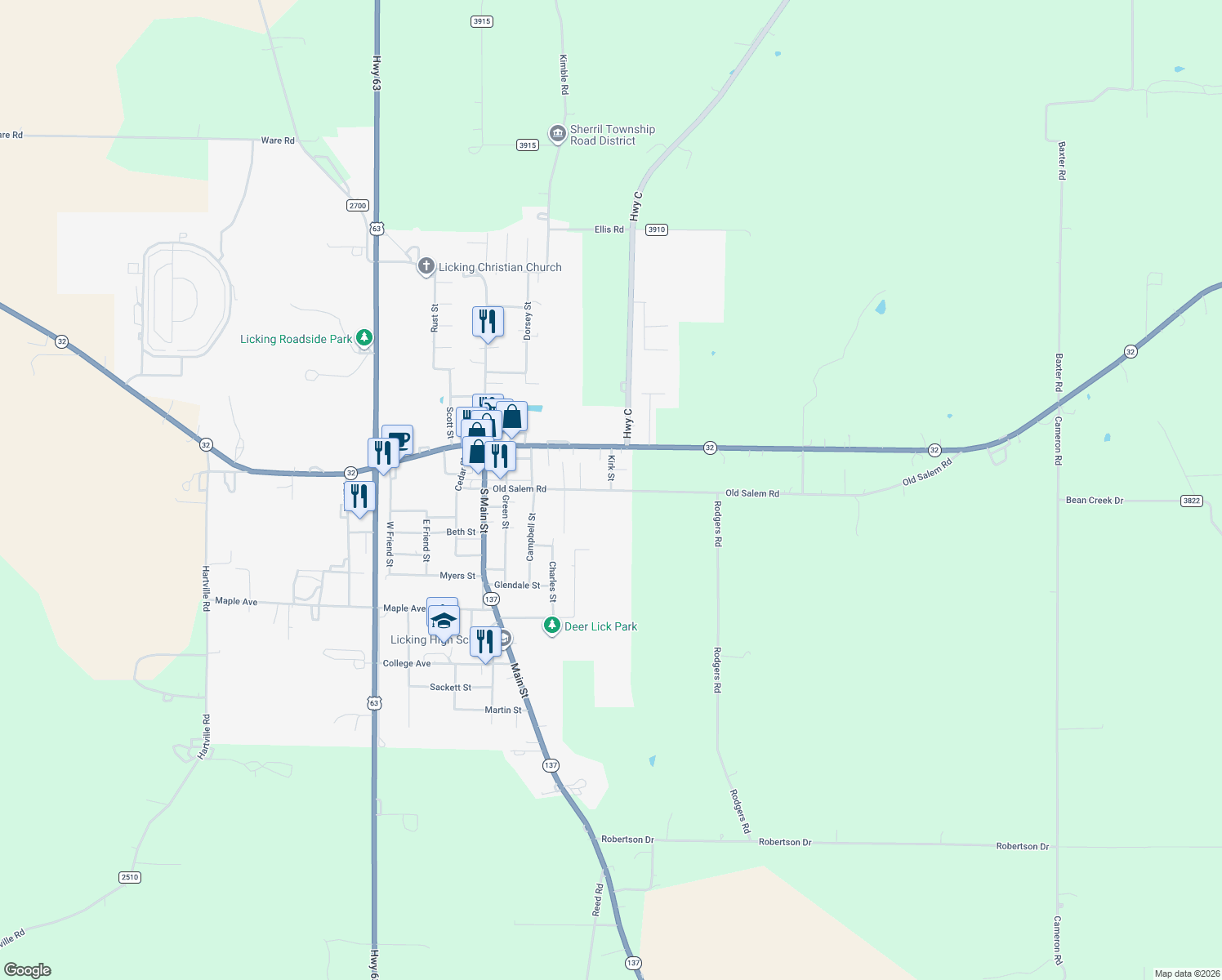 map of restaurants, bars, coffee shops, grocery stores, and more near 225 Old Salem Road in Licking