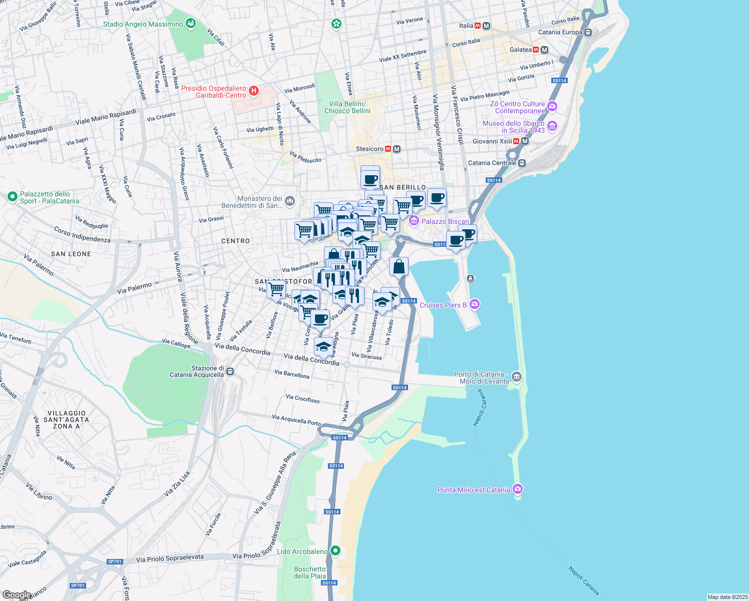 map of restaurants, bars, coffee shops, grocery stores, and more near 23-47 Via Murifabbro in Catania