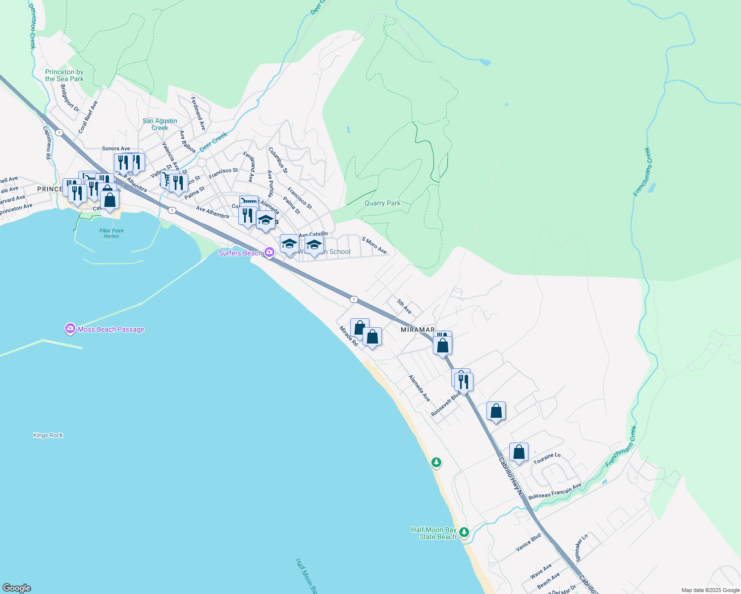 map of restaurants, bars, coffee shops, grocery stores, and more near 315 Coronado Avenue in Half Moon Bay