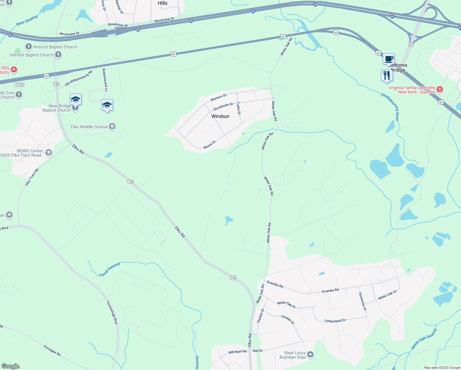 map of restaurants, bars, coffee shops, grocery stores, and more near 1005 Rasmussen Drive in Sandston