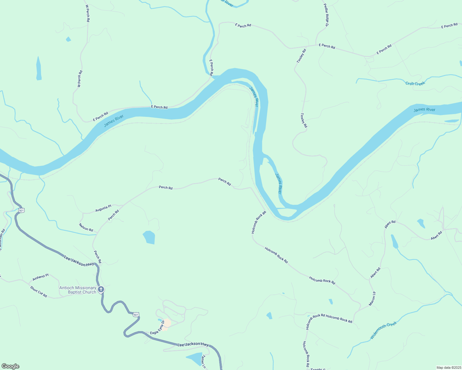 map of restaurants, bars, coffee shops, grocery stores, and more near 2468 Perch Road in Lynchburg