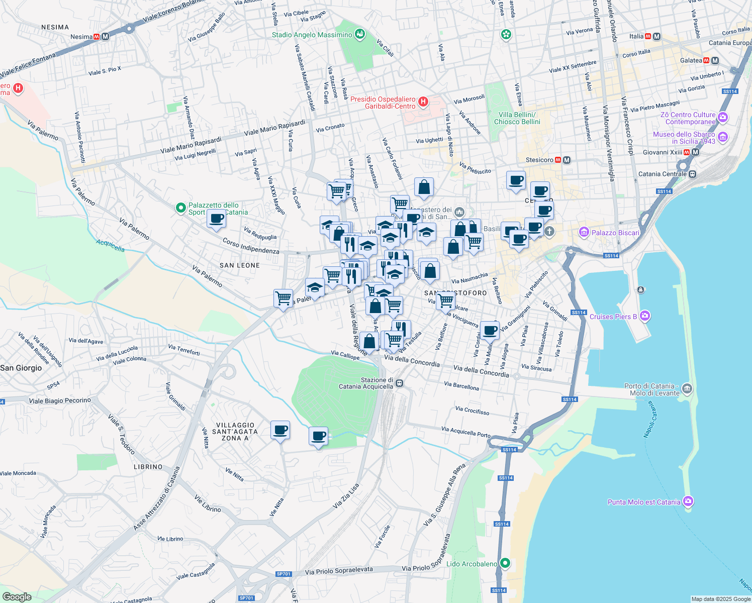map of restaurants, bars, coffee shops, grocery stores, and more near 1 Via Gismondo in Catania