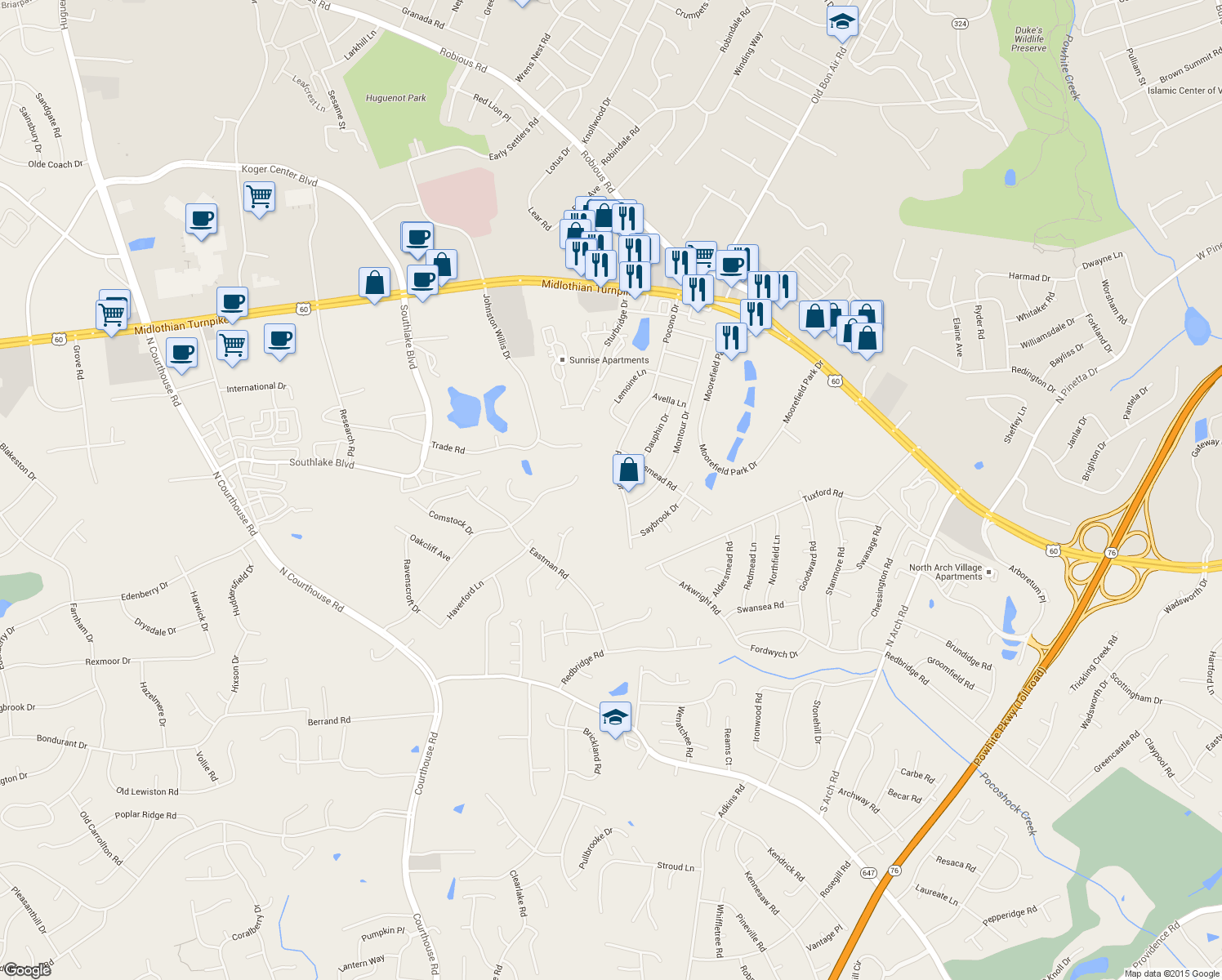 map of restaurants, bars, coffee shops, grocery stores, and more near 420 Pocono Drive in Richmond