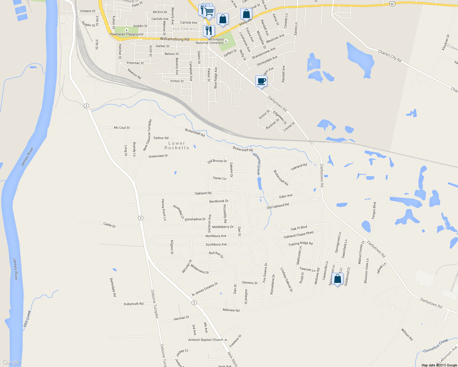 map of restaurants, bars, coffee shops, grocery stores, and more near 6106 Oakano Drive in Henrico