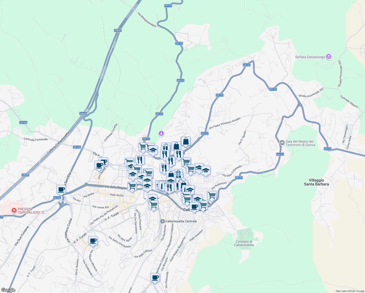 map of restaurants, bars, coffee shops, grocery stores, and more near 216 Via Filippo Paladini in Caltanissetta