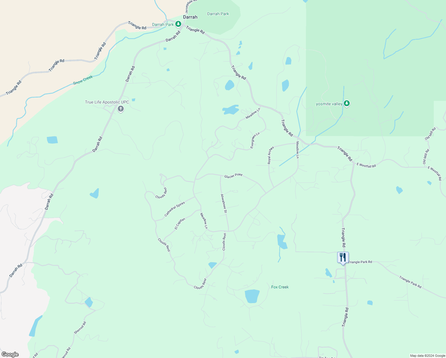 map of restaurants, bars, coffee shops, grocery stores, and more near 5773 Glacier Point in Mariposa