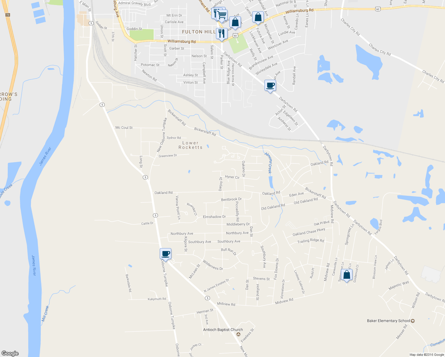 map of restaurants, bars, coffee shops, grocery stores, and more near 1201 Hyner Circle in Henrico