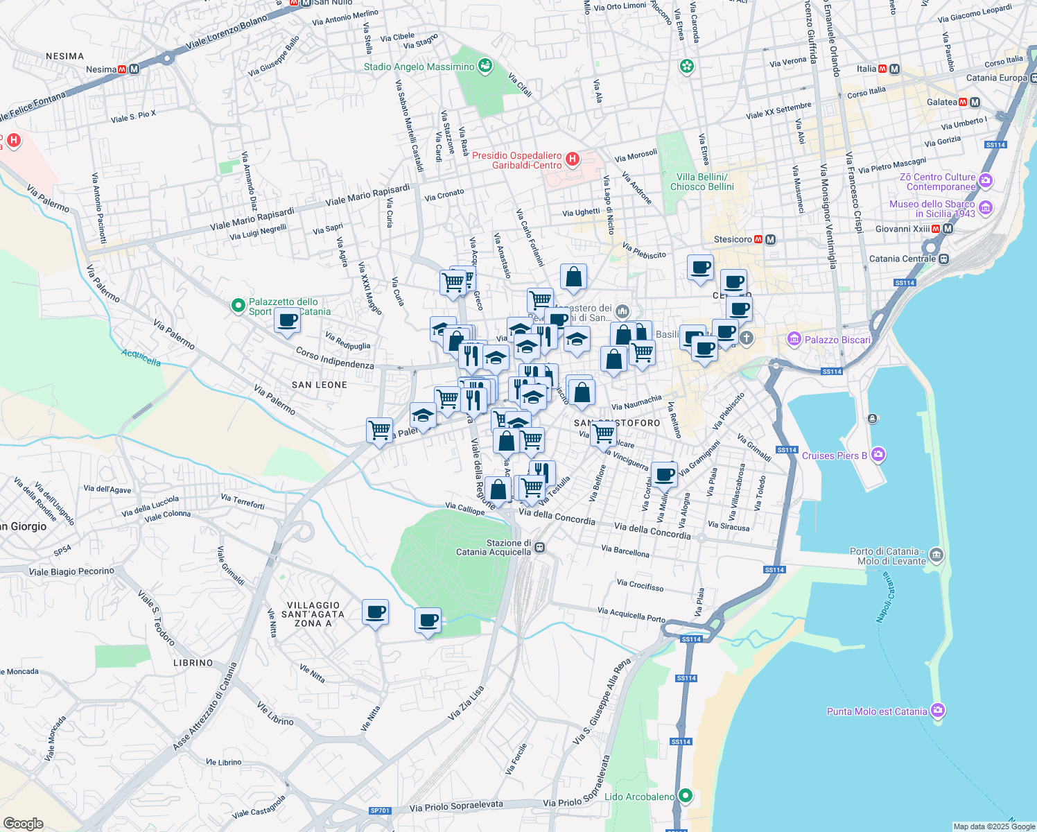 map of restaurants, bars, coffee shops, grocery stores, and more near 1 Via Gismondo in Catania