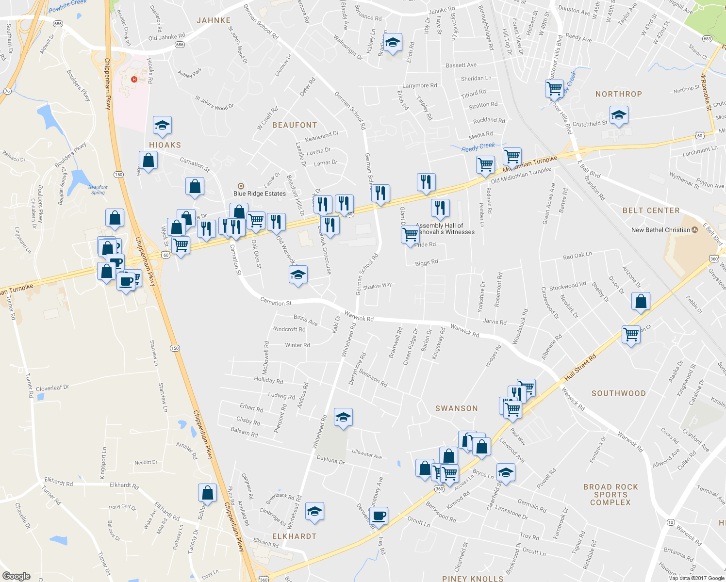 map of restaurants, bars, coffee shops, grocery stores, and more near 641 Tilton Court in Richmond