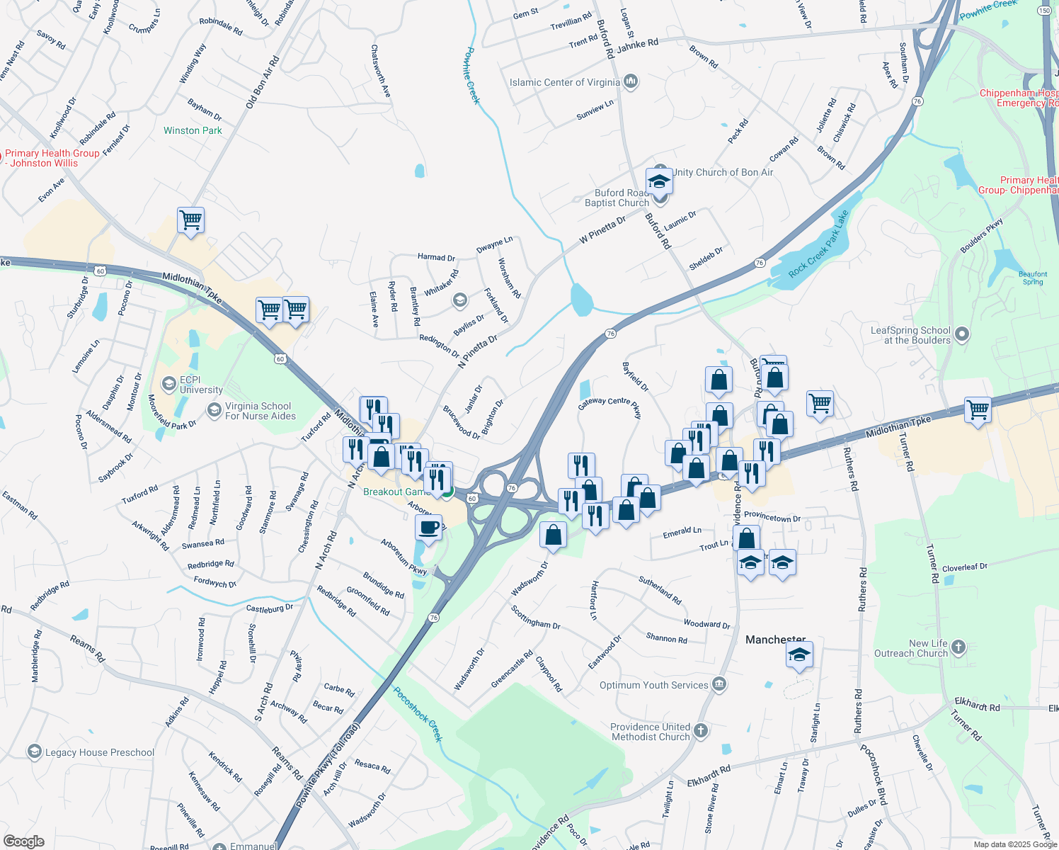 map of restaurants, bars, coffee shops, grocery stores, and more near 8839 Brucewood Drive in Richmond