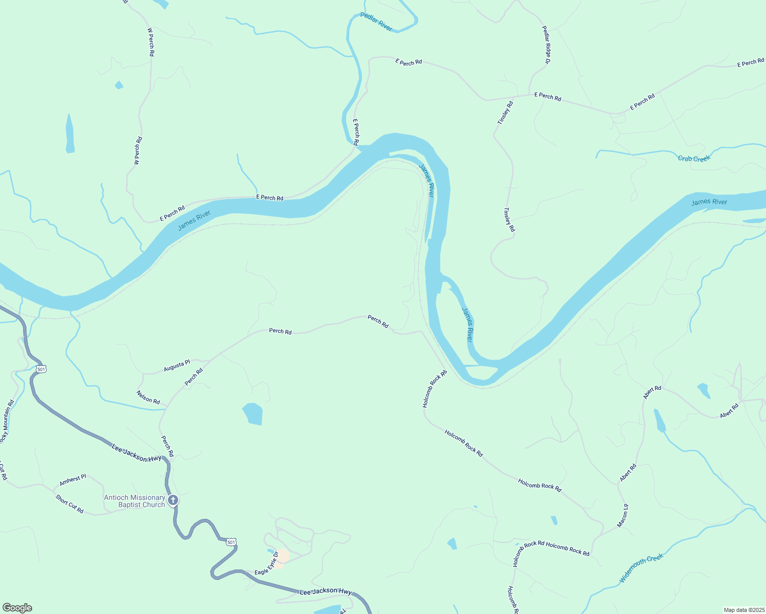 map of restaurants, bars, coffee shops, grocery stores, and more near 2468 Perch Road in Lynchburg