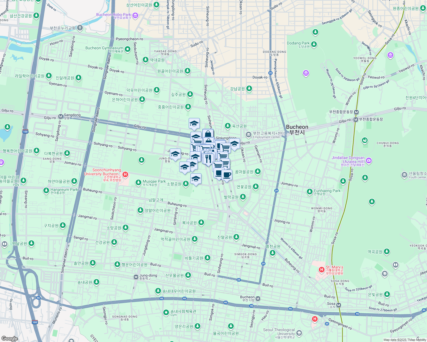 map of restaurants, bars, coffee shops, grocery stores, and more near in Bucheon-si