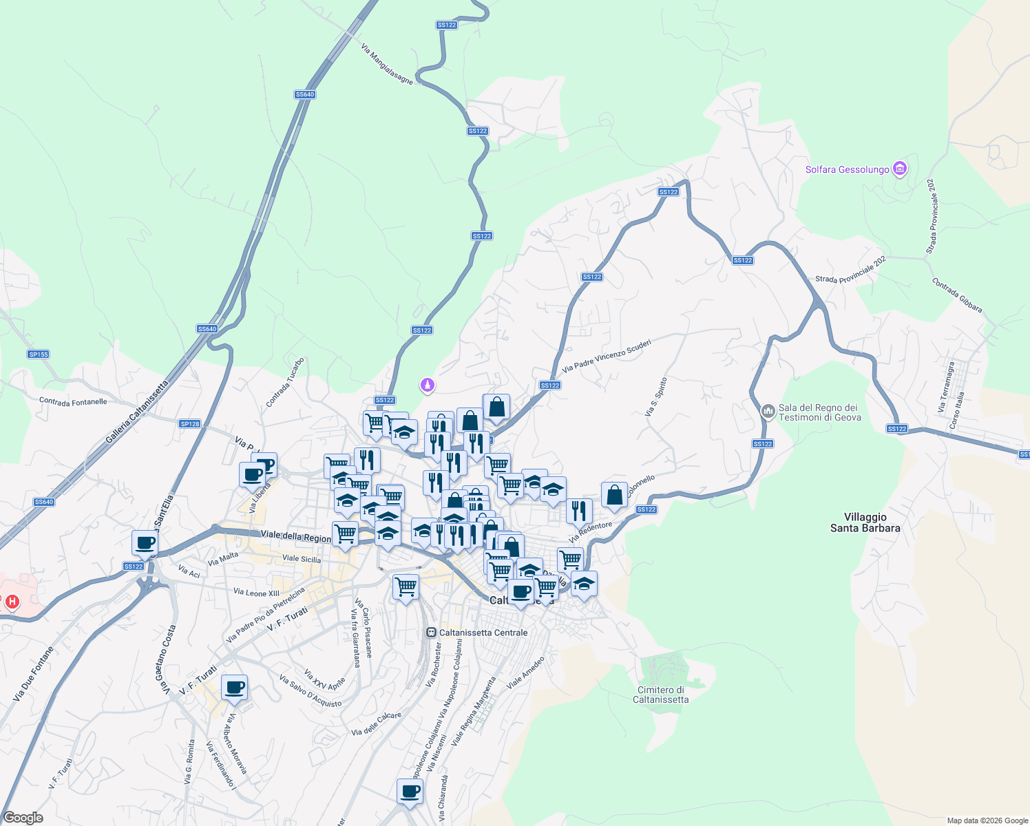 map of restaurants, bars, coffee shops, grocery stores, and more near 296 Via Filippo Paladini in Caltanissetta