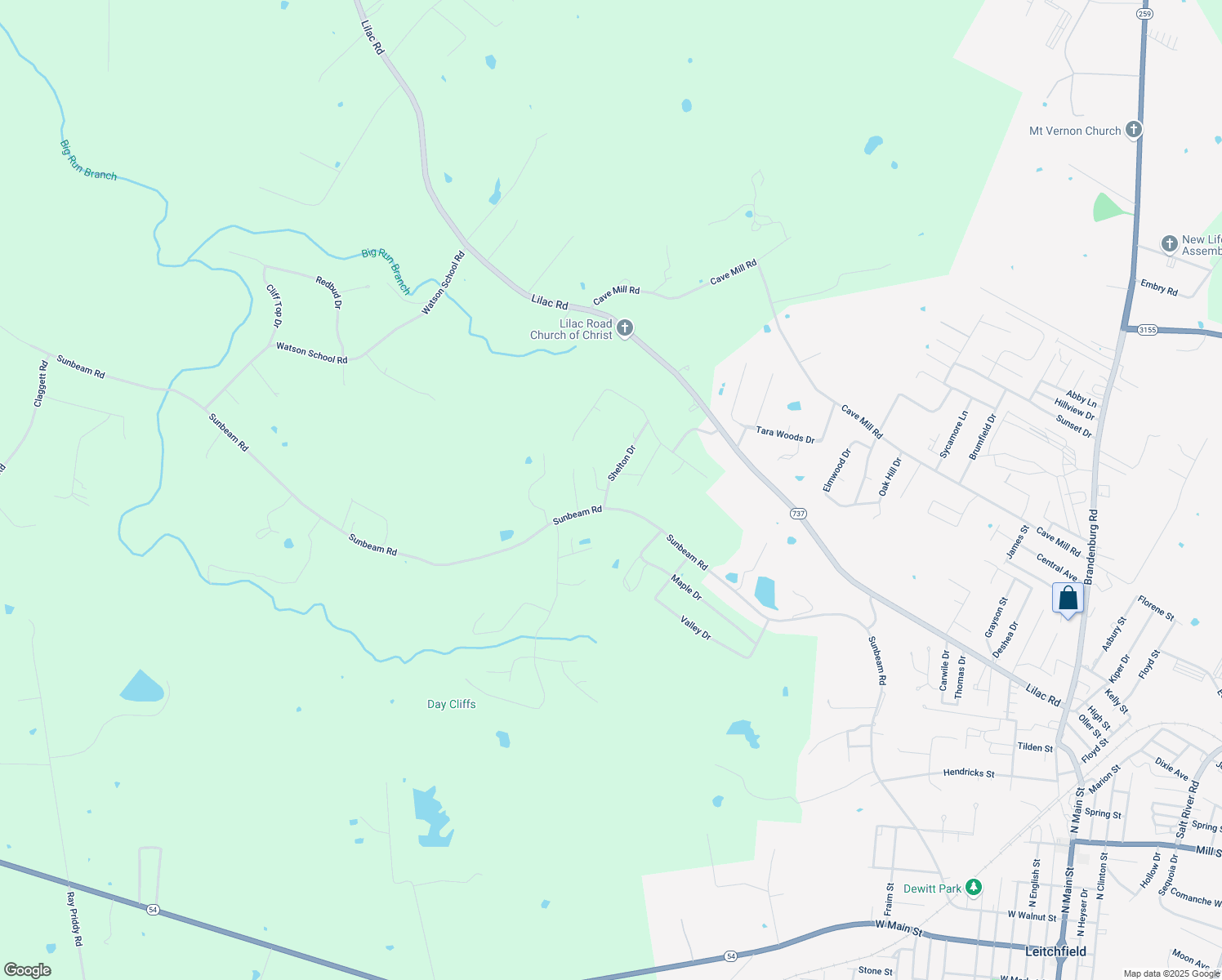 map of restaurants, bars, coffee shops, grocery stores, and more near 126-128 Shelton Drive in Leitchfield