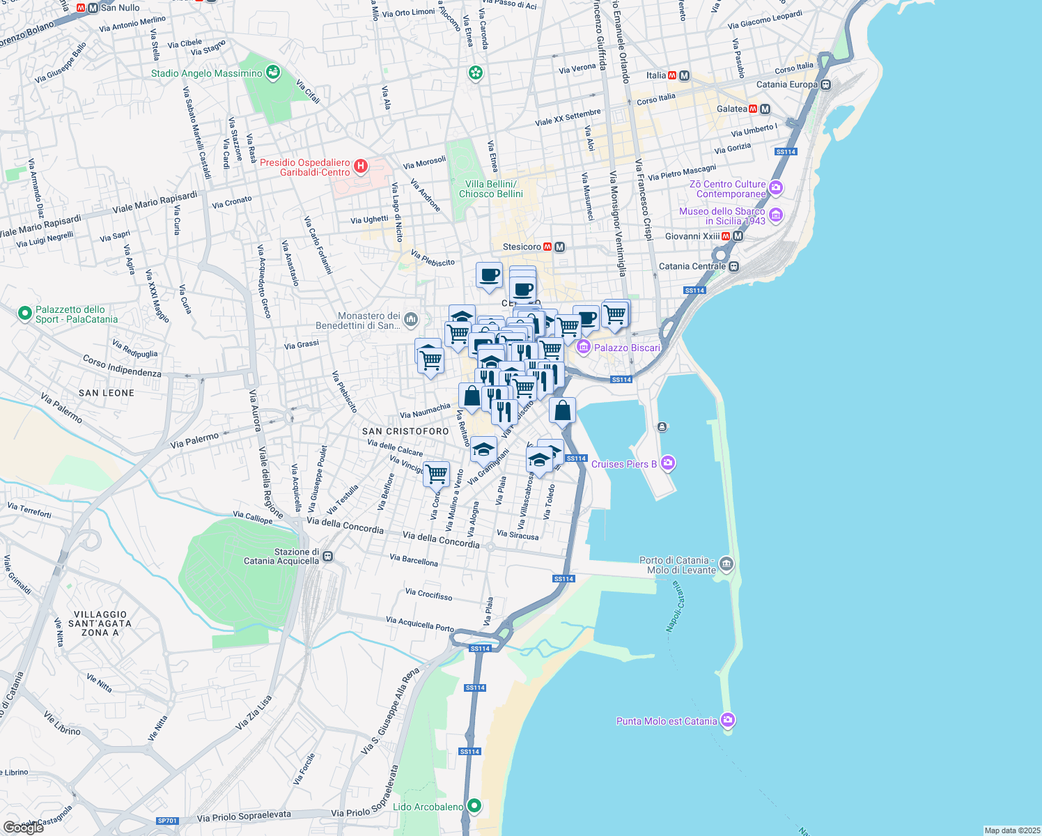 map of restaurants, bars, coffee shops, grocery stores, and more near 41 Via Colonna in Catania