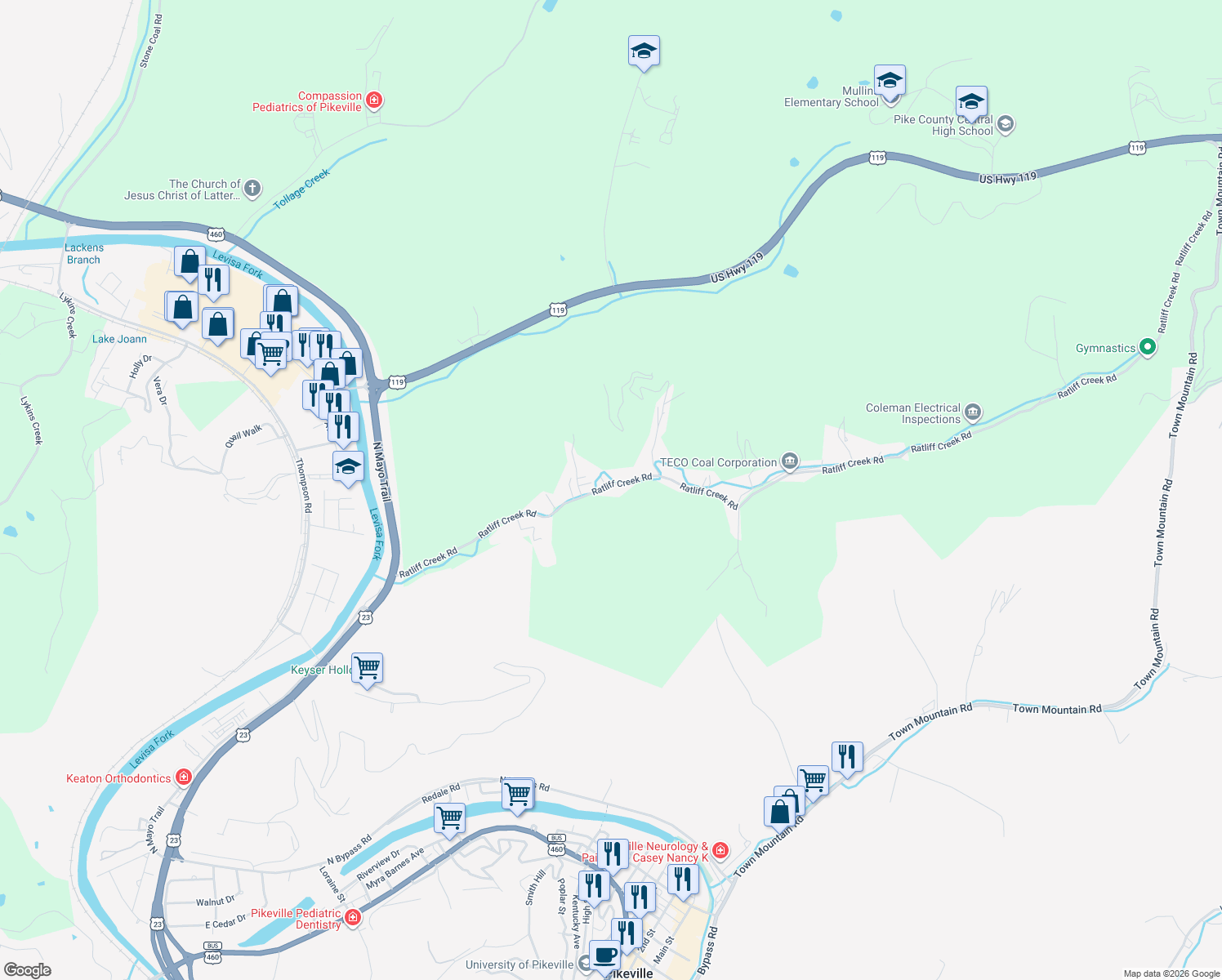 map of restaurants, bars, coffee shops, grocery stores, and more near 780-834 Ratliff Creek Road in Pikeville
