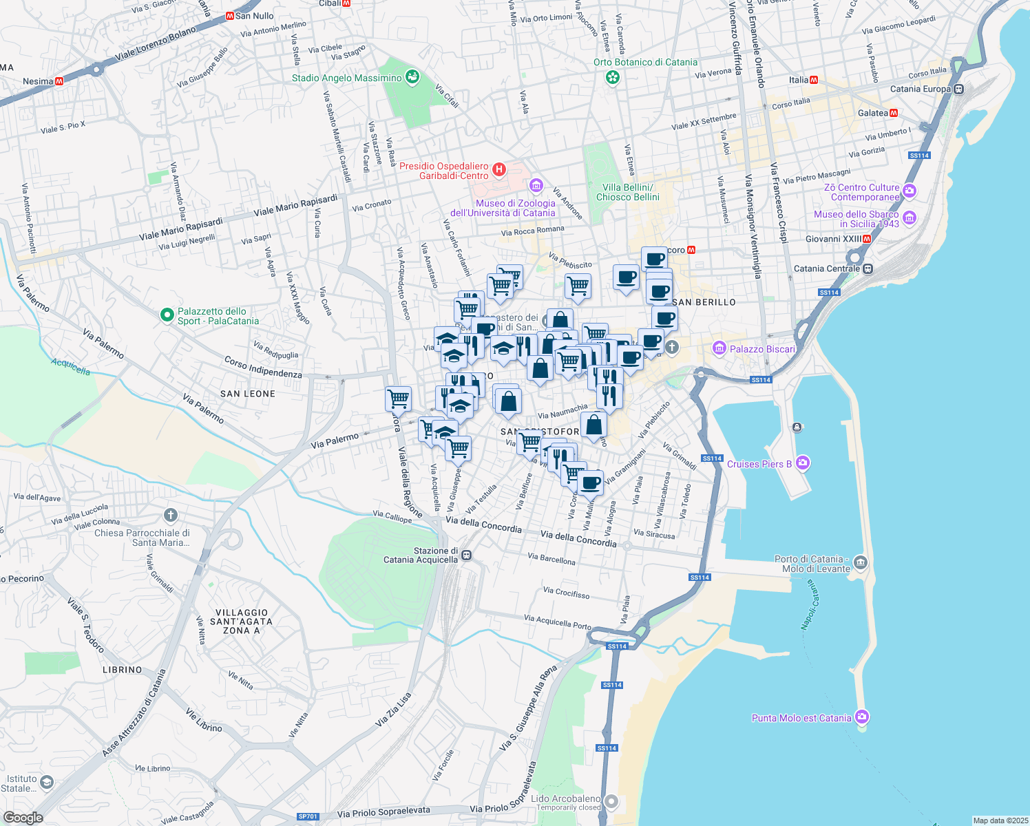 map of restaurants, bars, coffee shops, grocery stores, and more near 31 Via Velis in Catania