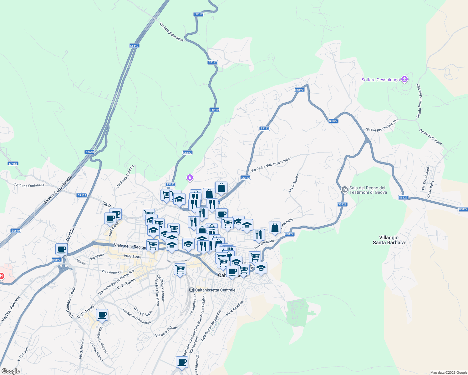 map of restaurants, bars, coffee shops, grocery stores, and more near 296 Via F. Paladini in Caltanissetta