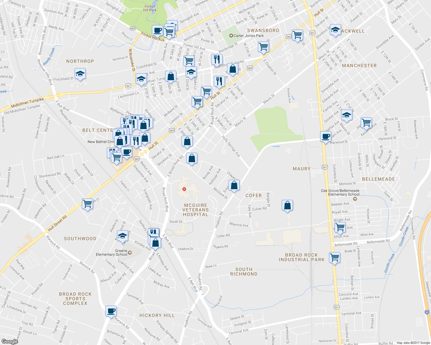 map of restaurants, bars, coffee shops, grocery stores, and more near 1100 Hollister Avenue in Richmond