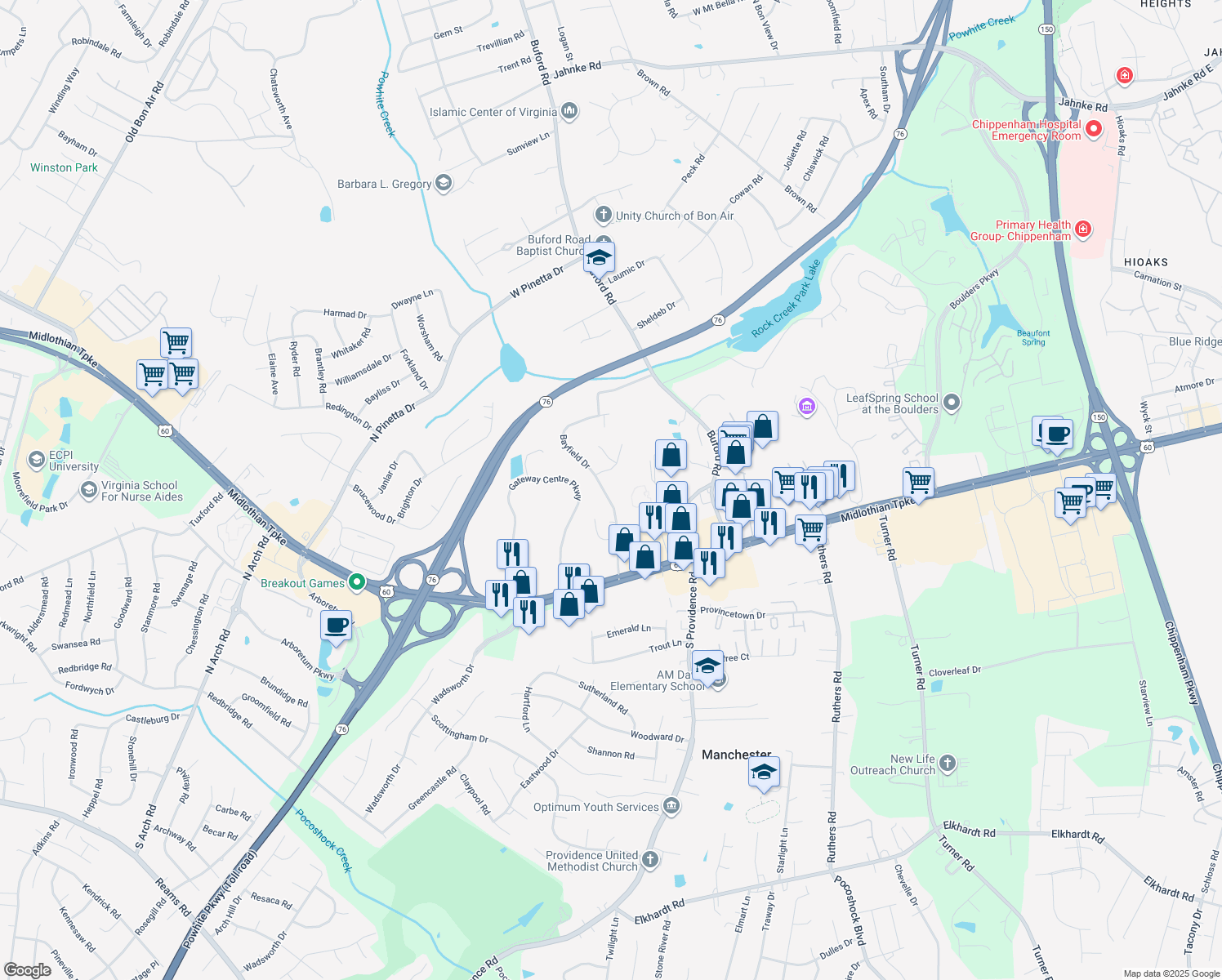 map of restaurants, bars, coffee shops, grocery stores, and more near 211 Fairwood Drive in Richmond