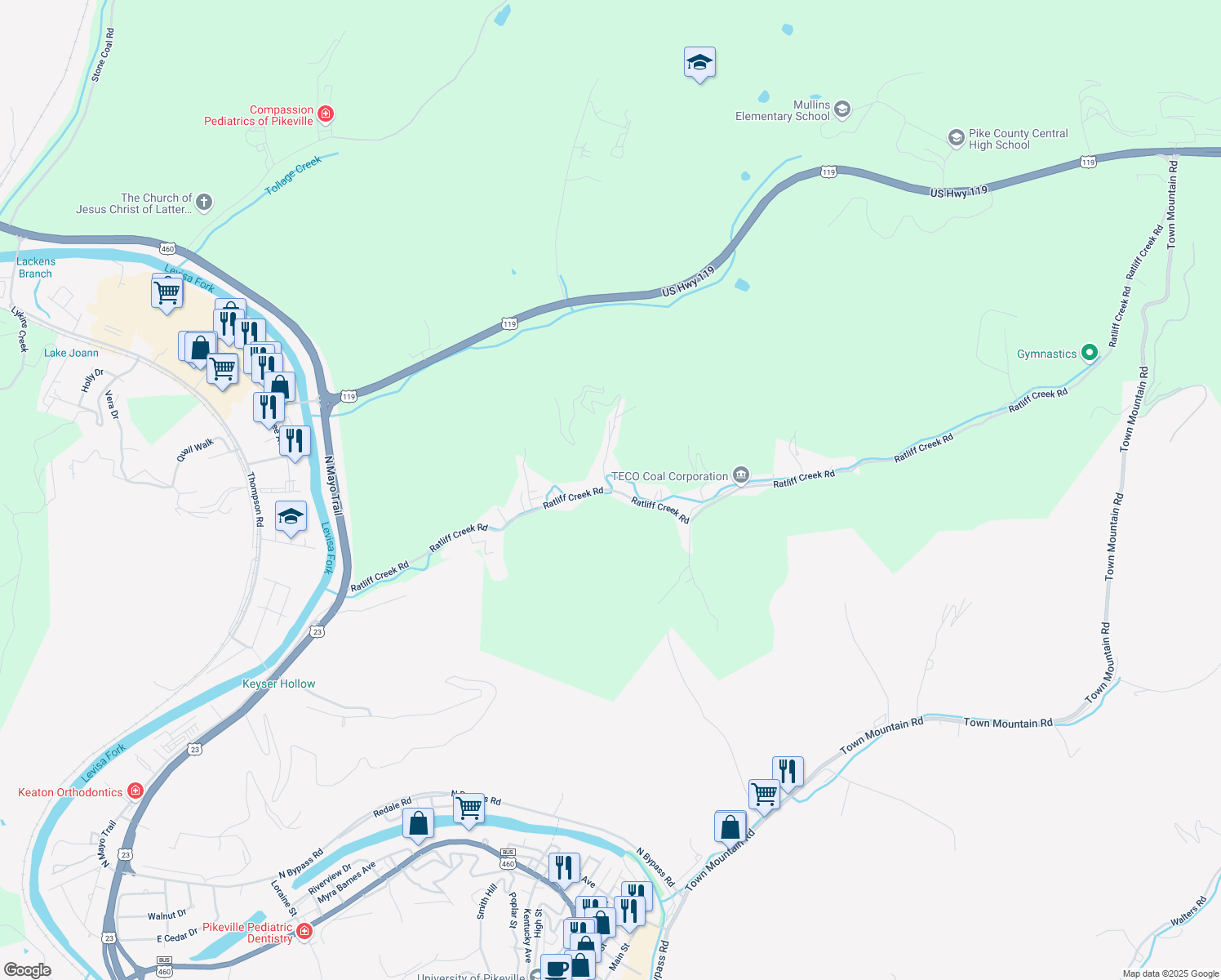 map of restaurants, bars, coffee shops, grocery stores, and more near 1 Evergreen Lane in Pikeville